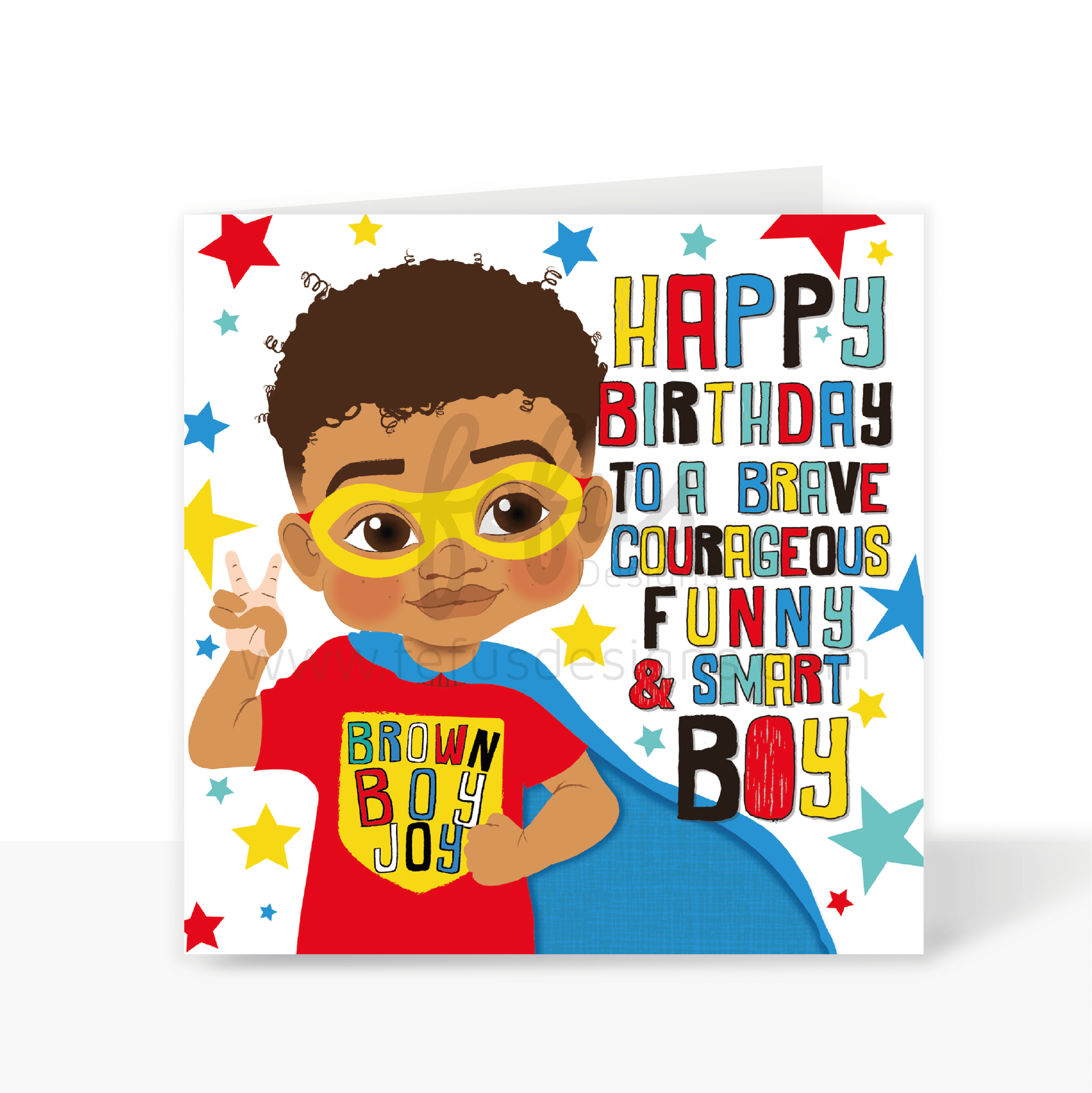 Brown Boy Super Hero Birthday Card  | Fefus designs