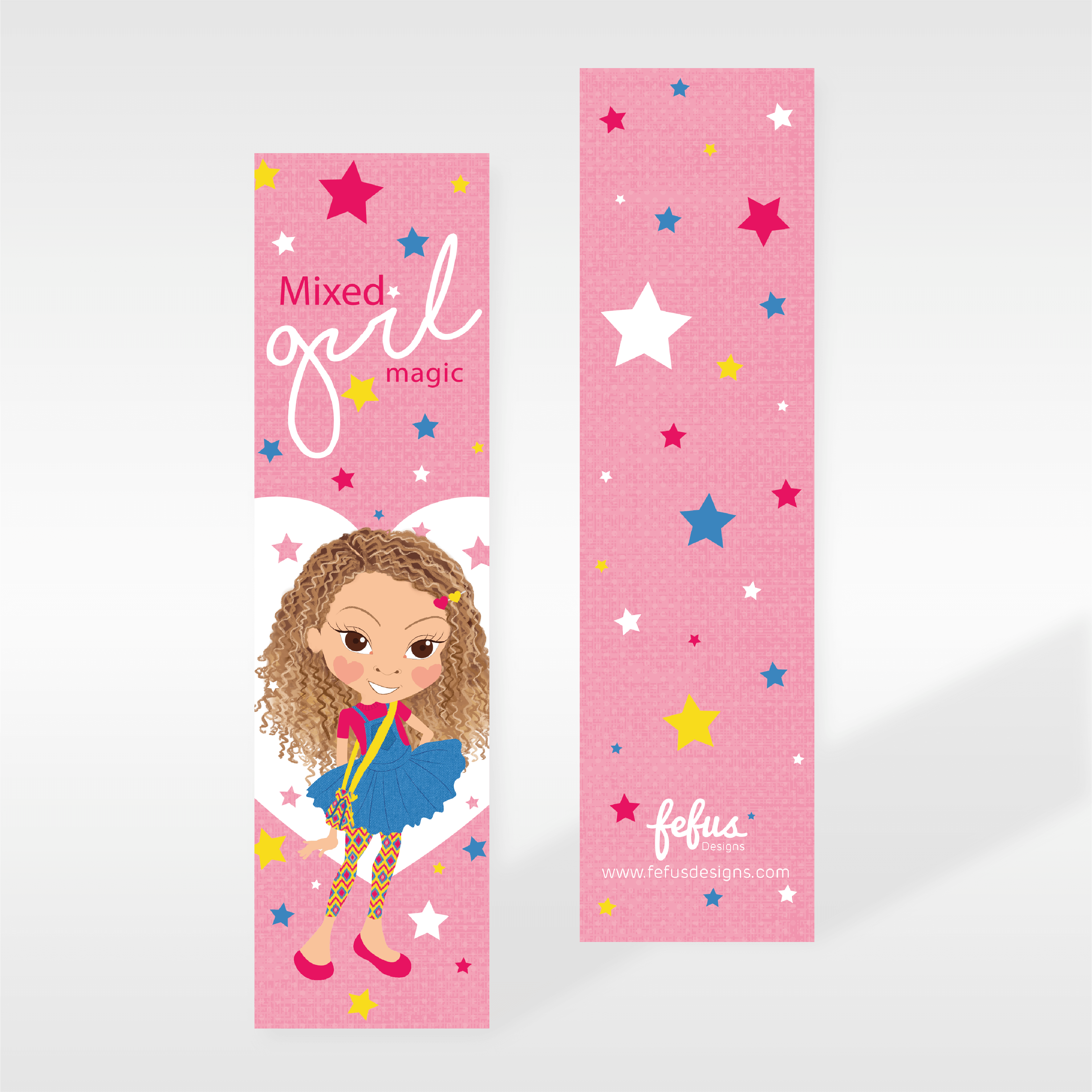 A colorful bookmark featuring an illustration of a young girl - Georgia, with mixed heritage, surrounded by stars and various patterns, on a pink background.