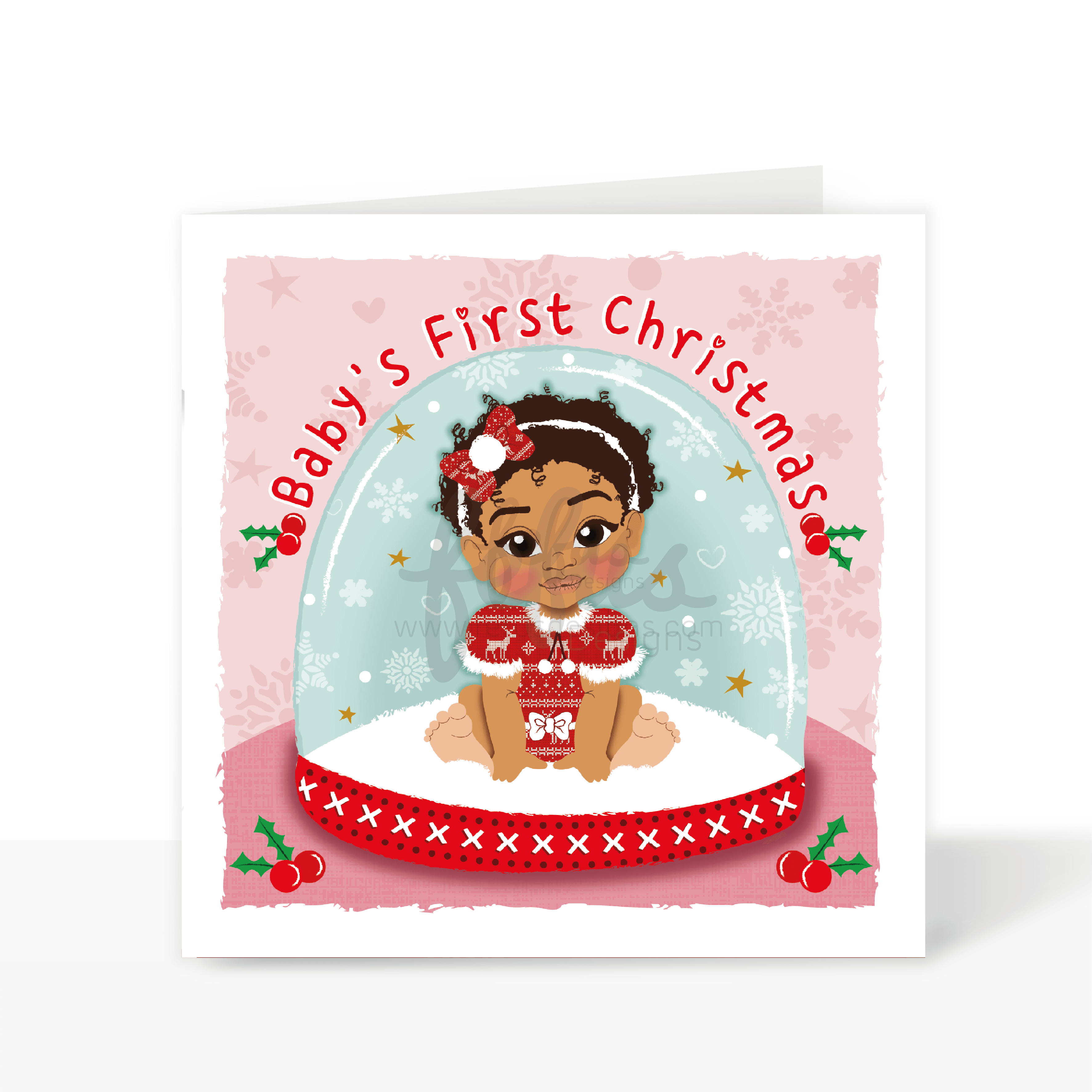 Snow Globe - Brown Baby Girl's First Christmas Card | Fefus designs