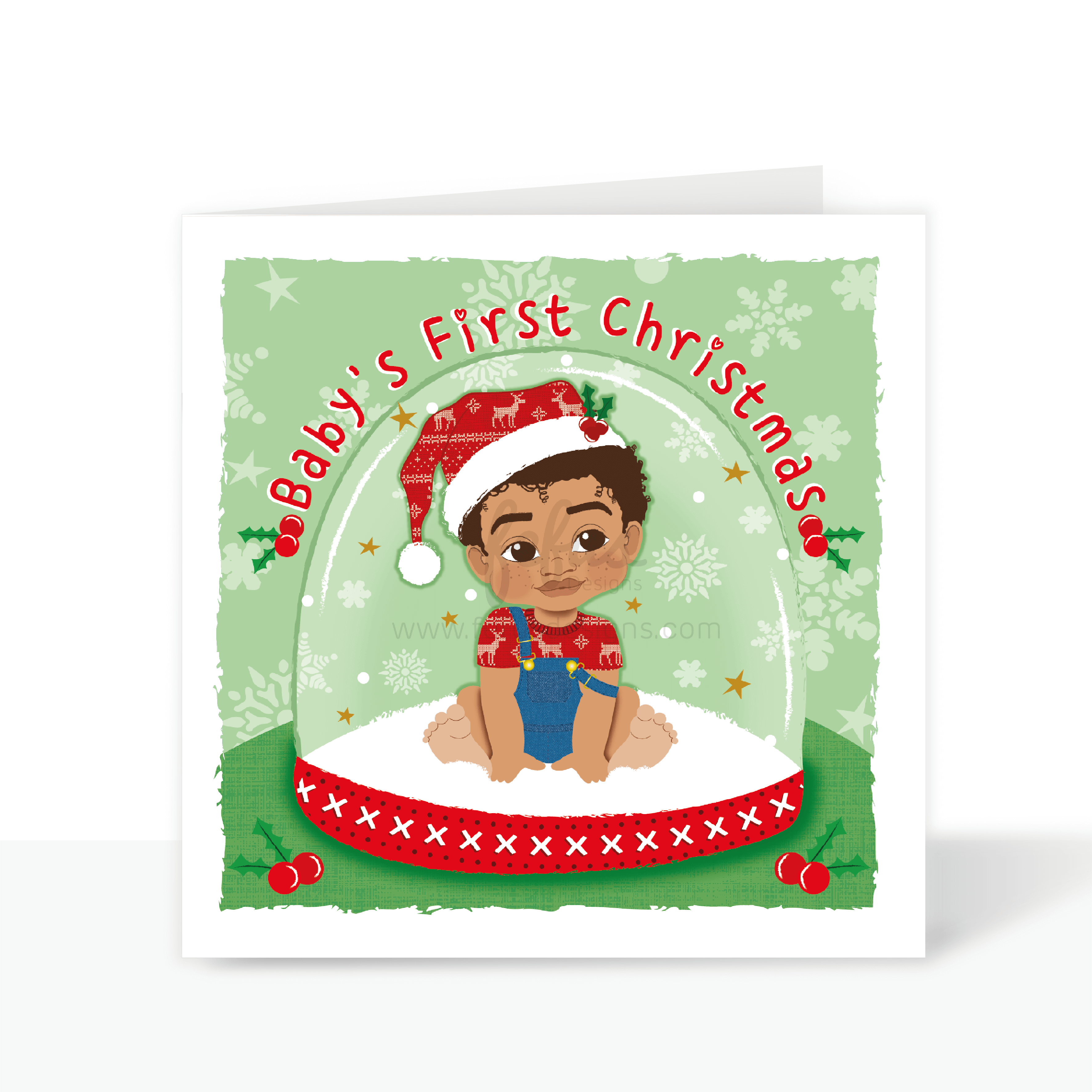 Snow Globe - Brown Baby Boy's First Christmas Card | Fefus designs
