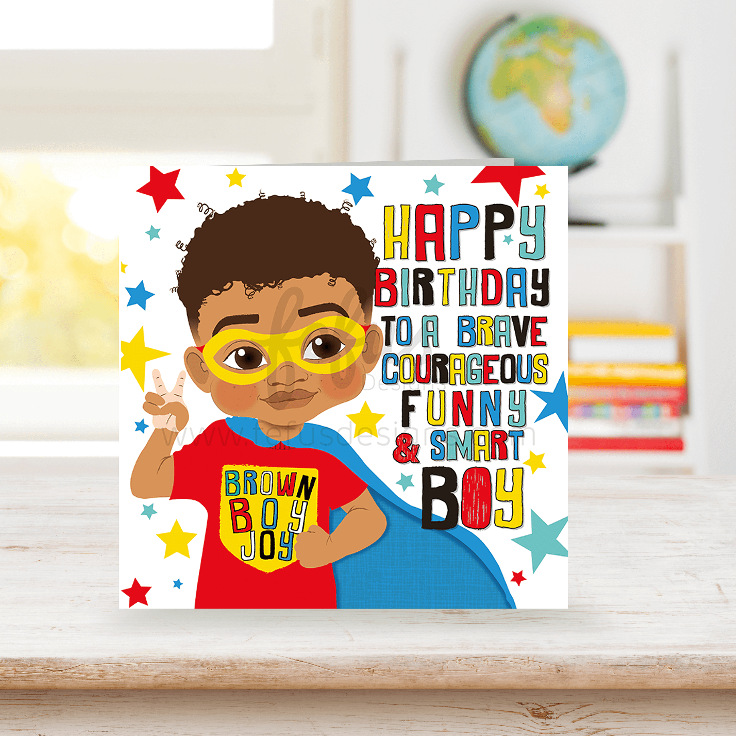 Brown Boy Super Hero Birthday Card  | Fefus designs