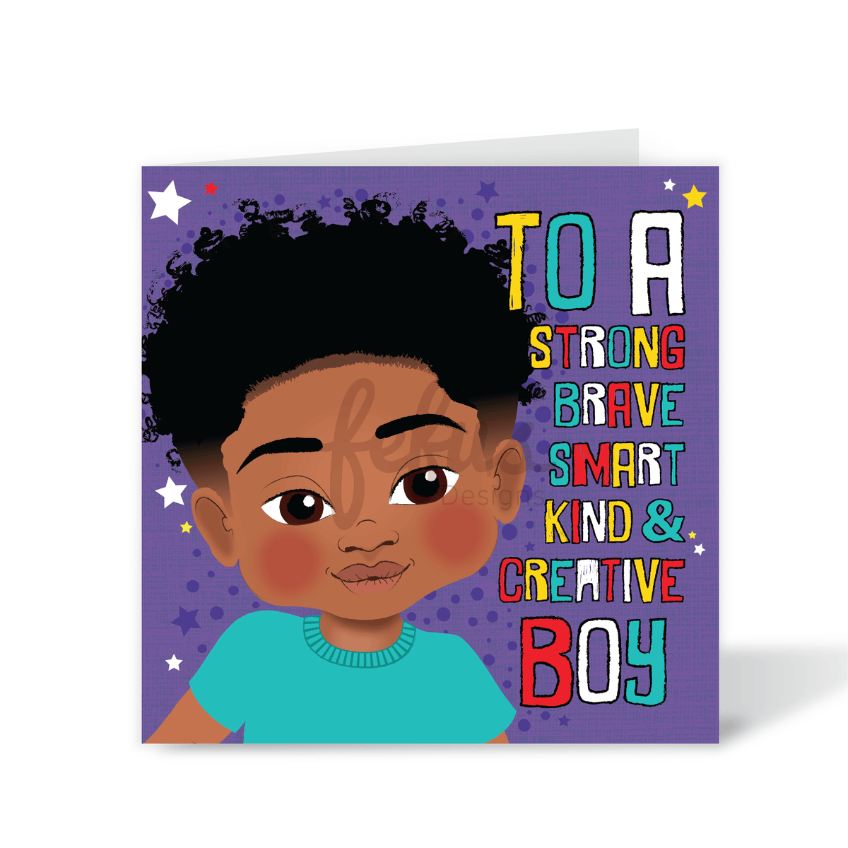 A vibrant square birthday card featuring a hand-drawn illustration of a joyful Blindian (Black and Asian) boy, celebrating his heritage as part of The Heritage Hero Collection by Fefus Designs.