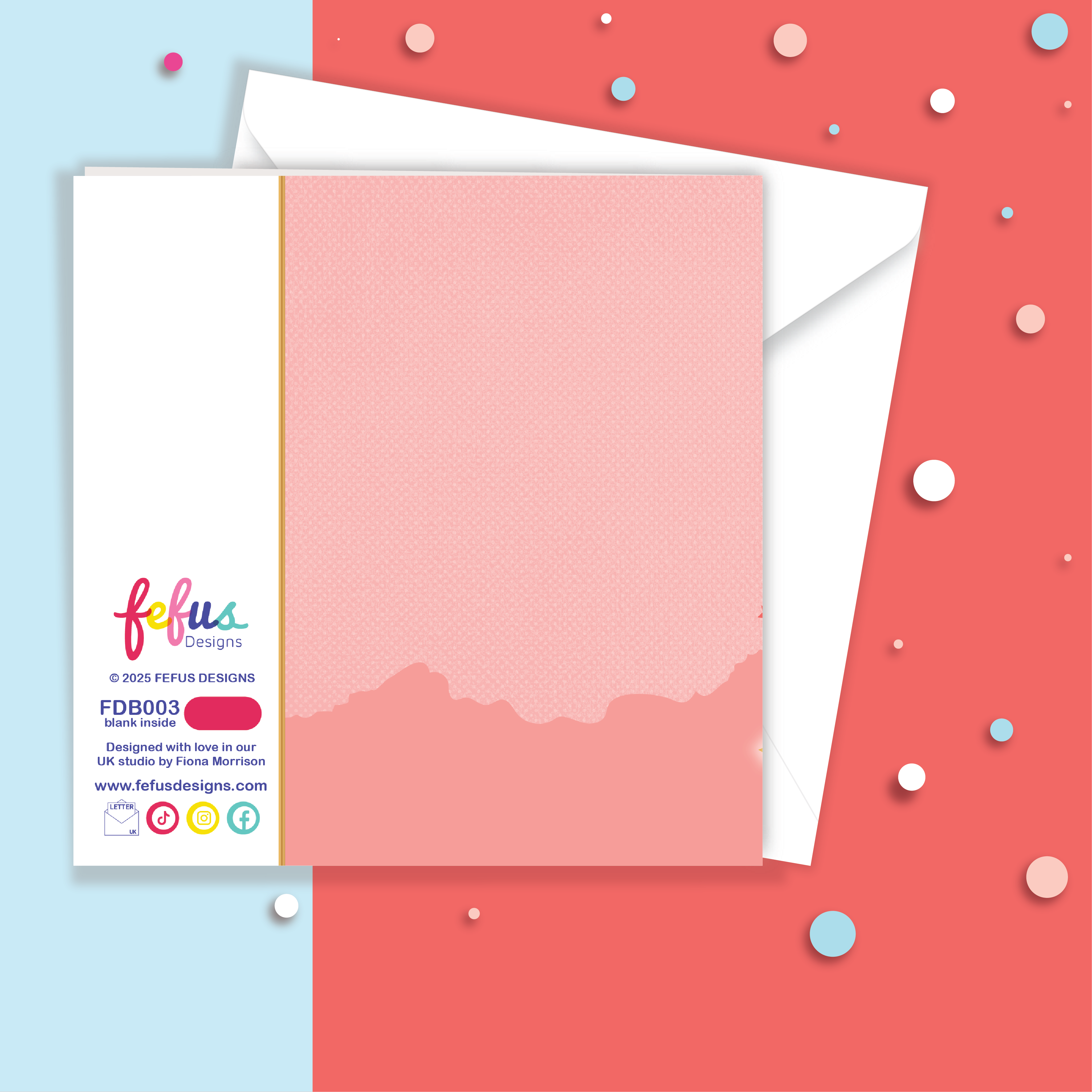 Pink card with white envelope on a colorful background