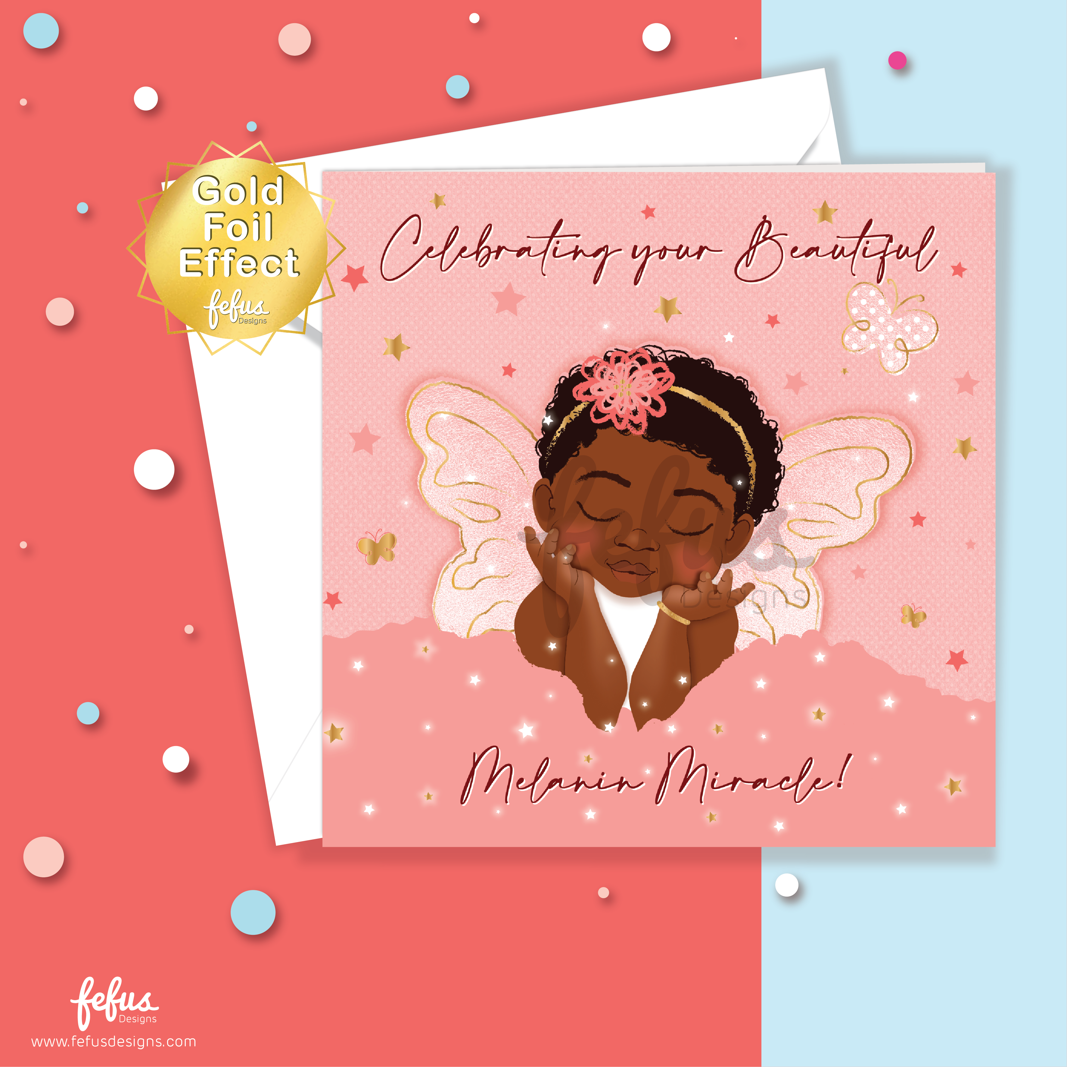 Celebration card with an illustration of a baby girl with fairy wings and text 'Celebrating your Beautiful Melanin Miracle' on a pink background.