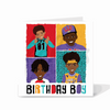 A birthday card featuring four boys of color (two Black, one brown, and one mixed-race). 