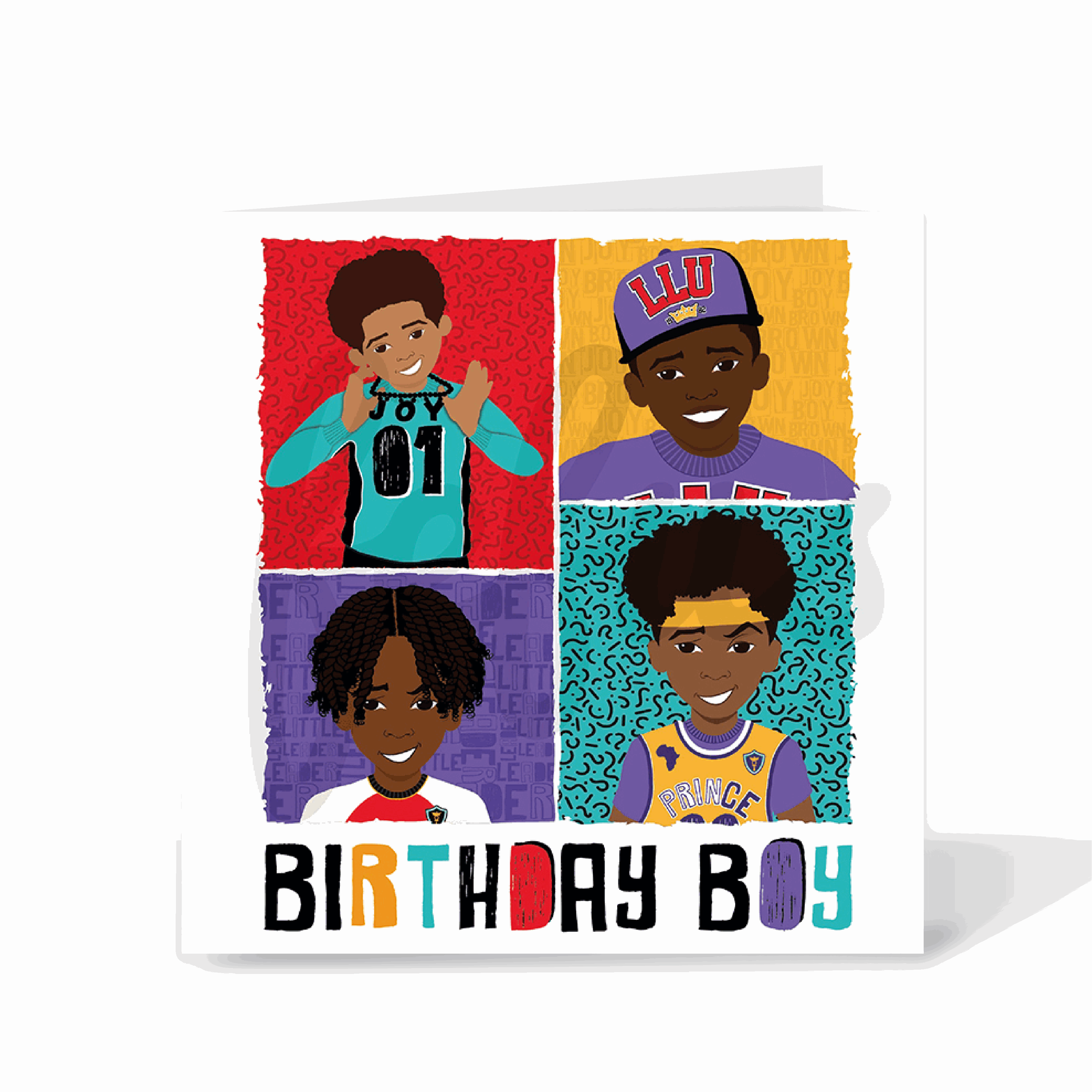 A birthday card featuring four boys of color (two Black, one brown, and one mixed-race). 