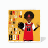 A birthday card featuring a Black boy holding a basketball against a yellow background. He is wearing a red basketball uniform. 