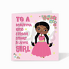 A birthday card featuring a Black girl dressed as a princess against a pink background