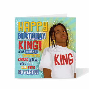 Teen boys Birthday card with a black boy wearing a 'King' shirt and celebratory colourful text 'Happy Birthday King' on a blue background by Fefus Designs