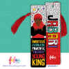 Two rectangular bookmarks with red tassels. One features an illustration of a person in a red beanie and hoodie with the text AMBITIOUS FEARLESS POWERFUL FOCUSED YOUNG KING. The other displays the name JABARI in large colourful letters.