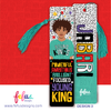 Two rectangular bookmarks with teal tassels. One features an illustration of a person with curly hair wearing a teal shirt with the text YOUNG KINGS, followed by the words POWERFUL AMBITIOUS BRILLIANT FOCUSED YOUNG KING. The other says JABARI.