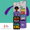Two rectangular bookmarks with purple tassels. One features an illustration of a person in a purple shirt with the text YOUNG KINGS, followed by the words BRILLIANT, CONFIDENT, RESILIENT, SMART, YOUNG KING. The other displays the name JABARI.
