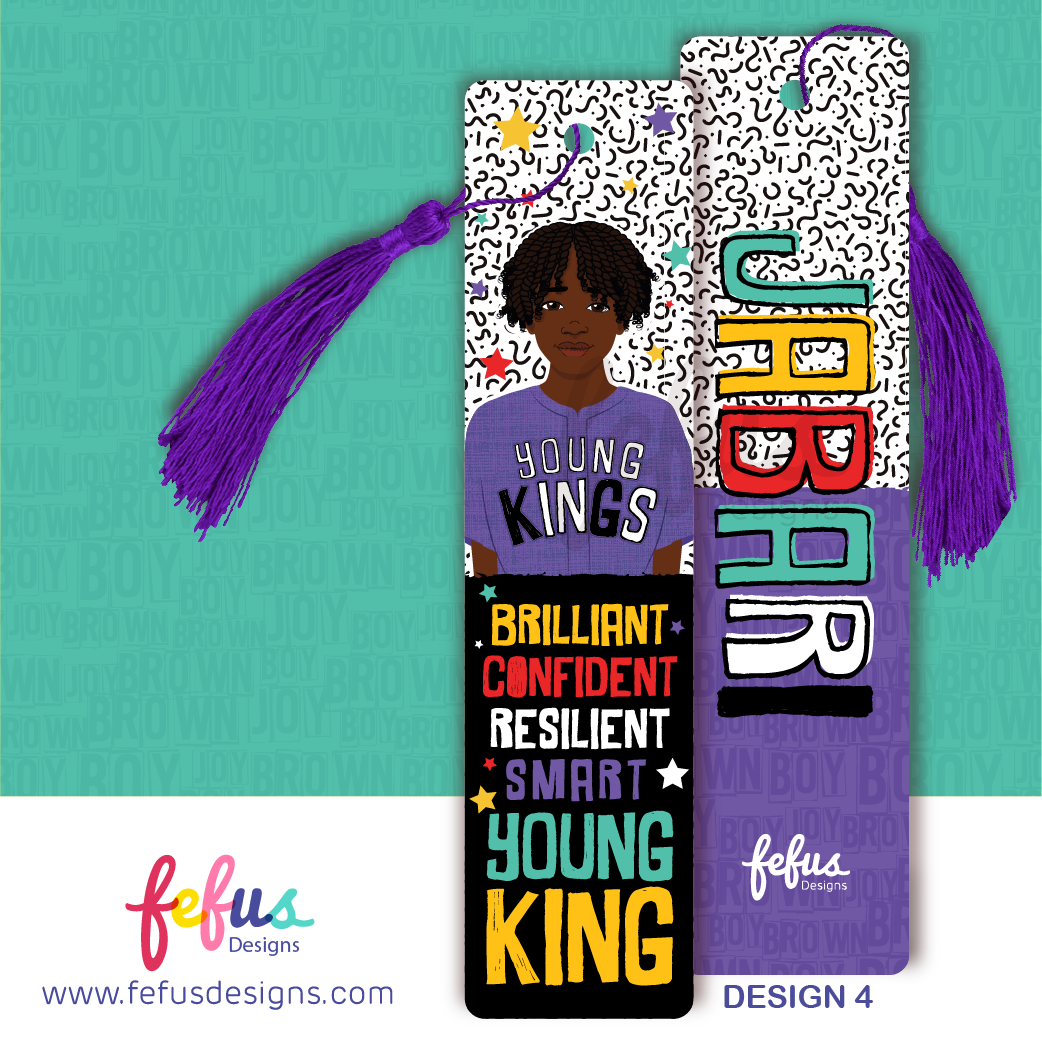Two rectangular bookmarks with purple tassels. One features an illustration of a person in a purple shirt with the text YOUNG KINGS, followed by the words BRILLIANT, CONFIDENT, RESILIENT, SMART, YOUNG KING. The other displays the name JABARI.