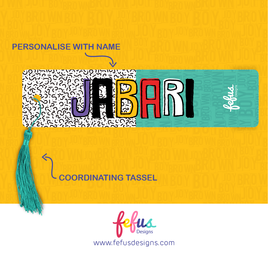 A rectangular bookmark featuring a black and white squiggly pattern on the left and a solid teal background on the right. The name JABARI is printed in large, colourful block letters. A teal tassel is attached to the left side.