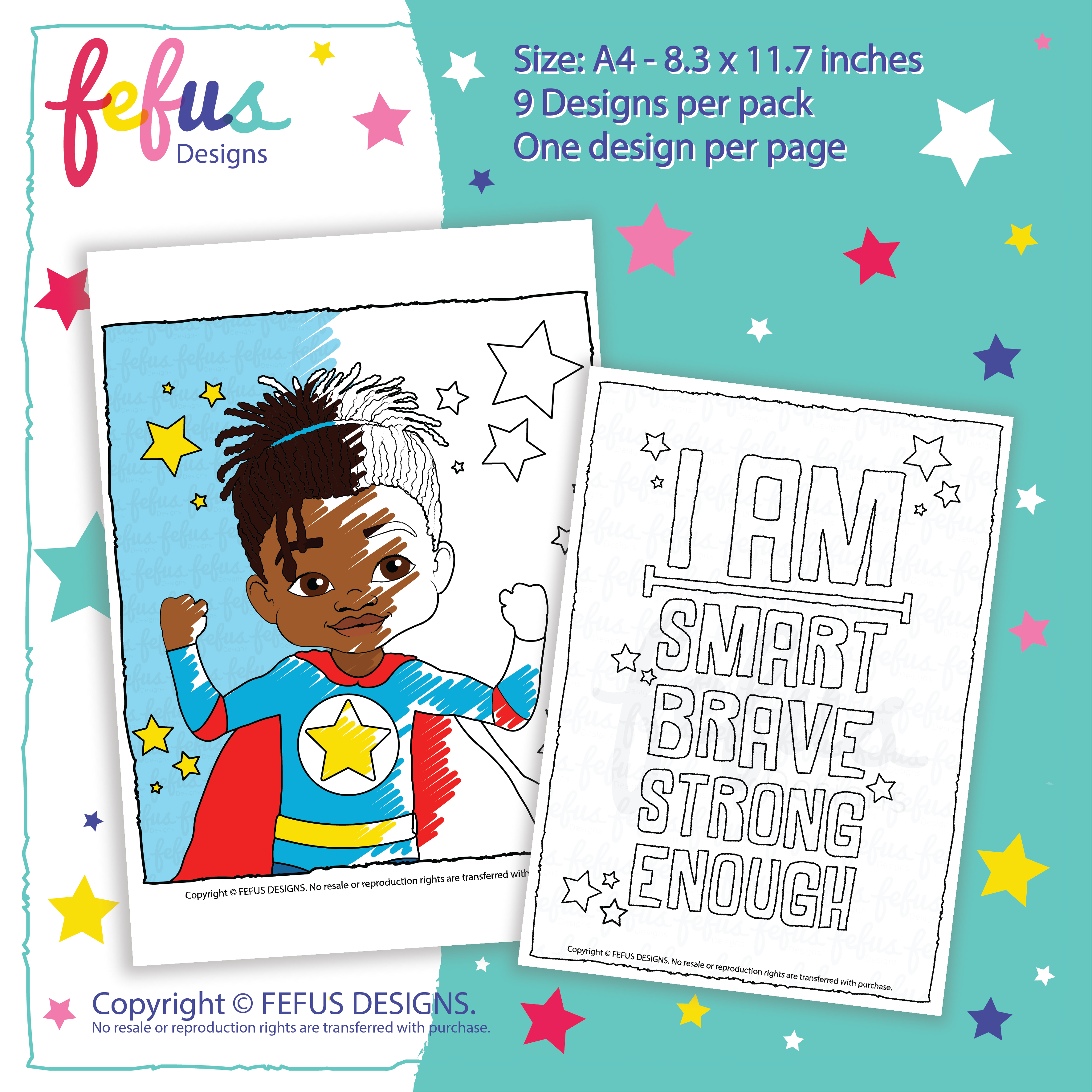 Diverse Representation in Colouring Pages – A selection of hand-drawn illustrations showcasing African American and Black British boys in empowering poses, ready to be brought to life with colour.