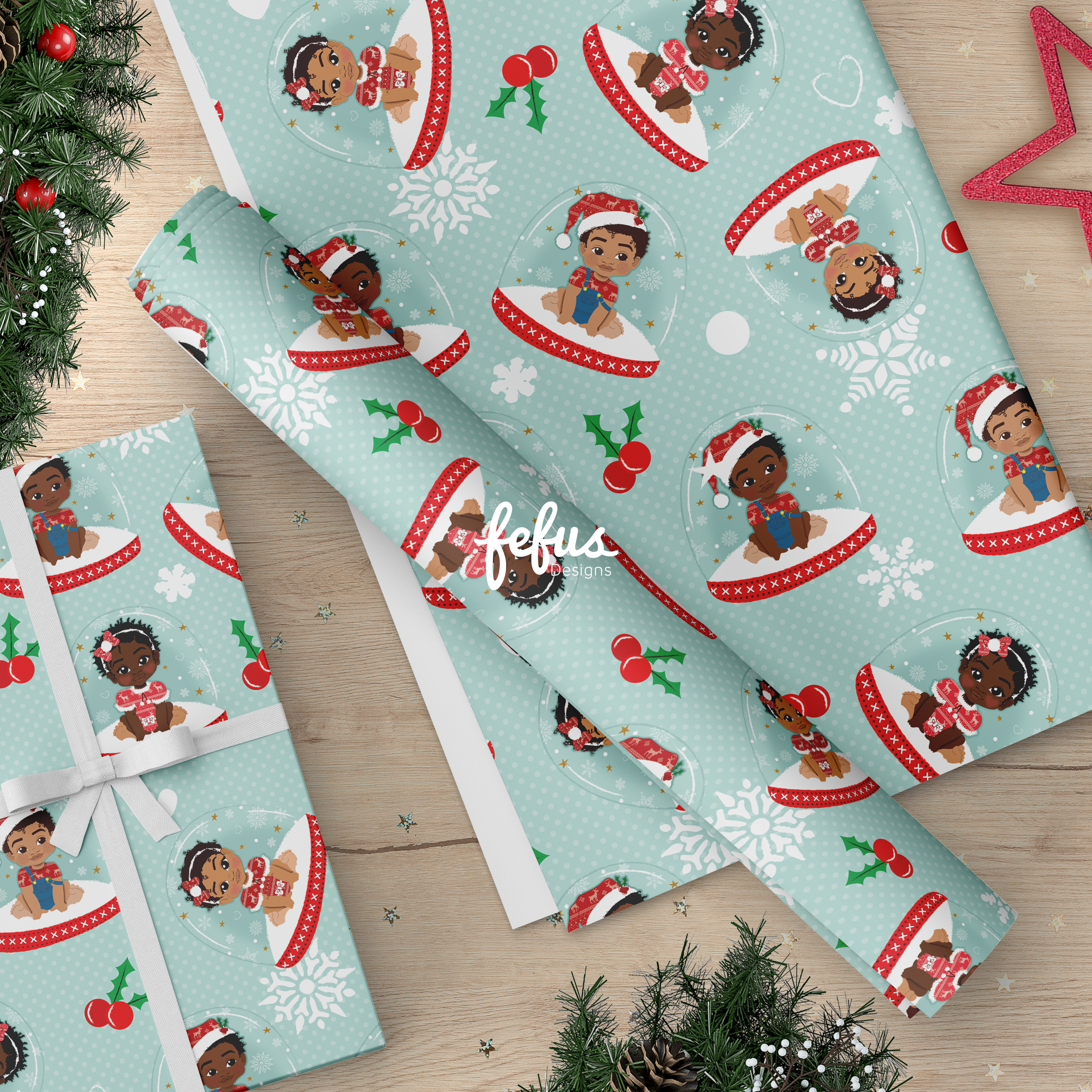 Black Baby Christmas Wrapping Paper 50cm x 70cm | Premium Xmas Gift Wrap | Fefus Designs