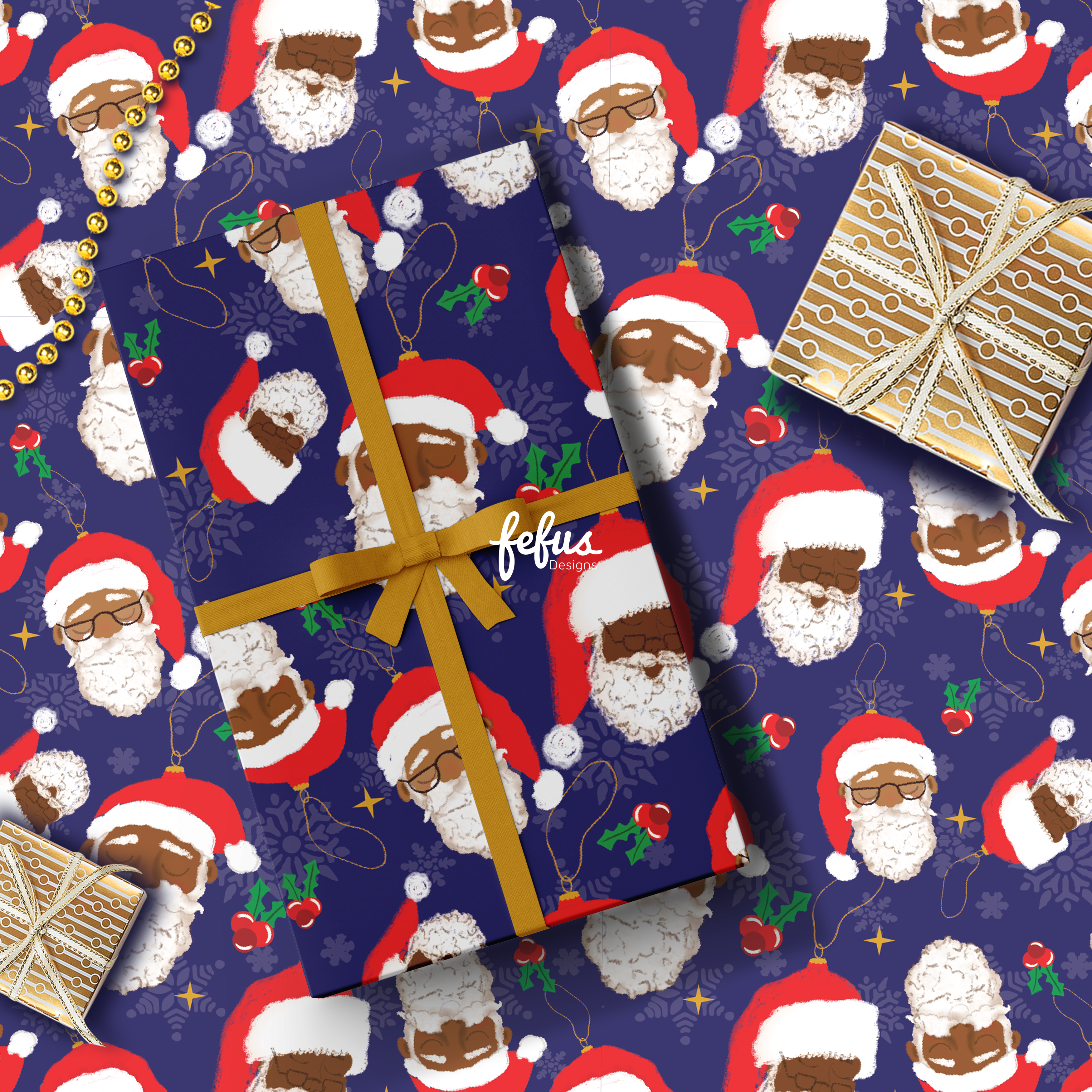 Black Santa Christmas Wrapping Paper 50cm x 70cm | Premium Xmas Gift Wrap | Fefus Designs