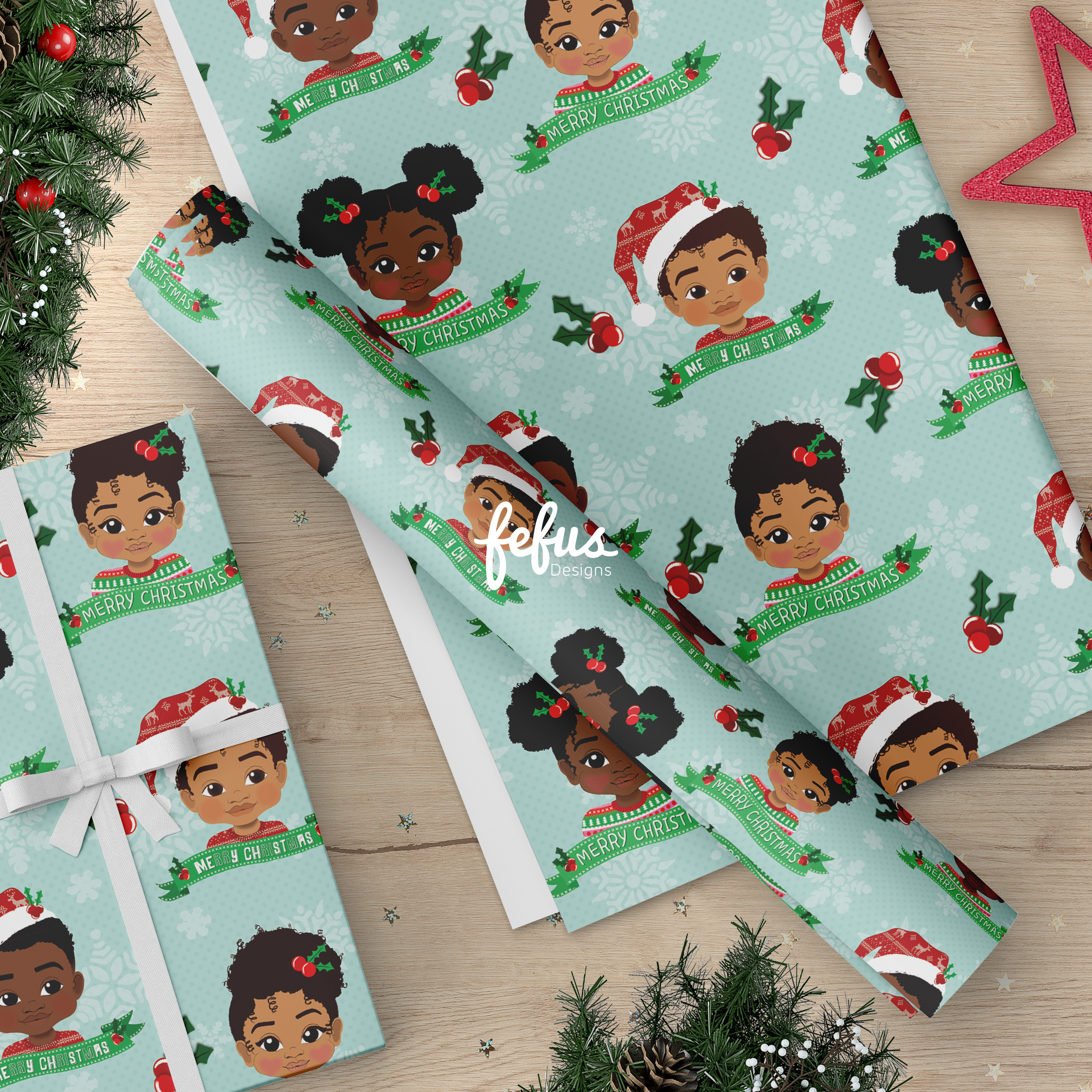 Black Toddler Christmas Wrapping Paper 50cm x 70cm | Premium Xmas Gift Wrap | Fefus Designs
