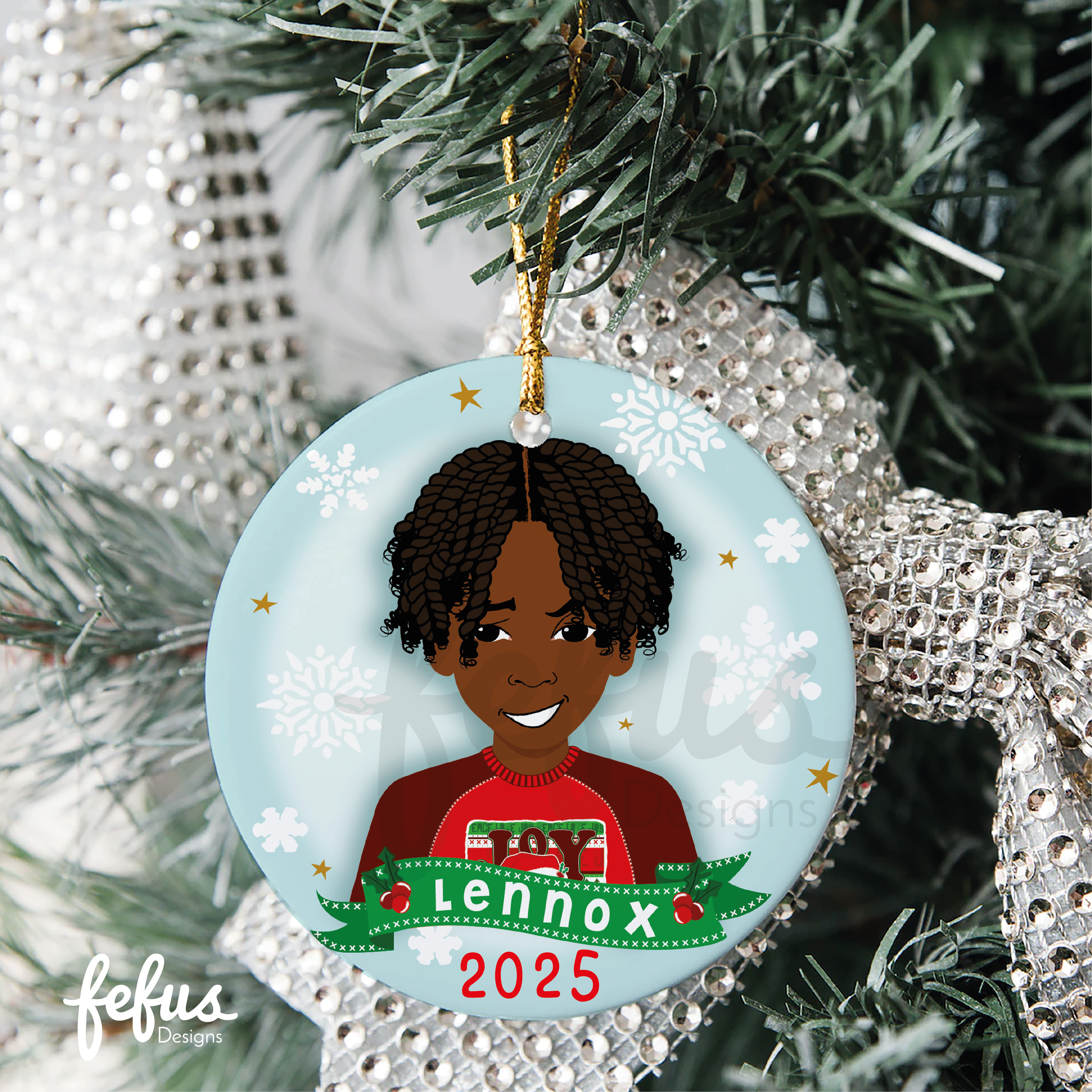 Personalised Black Boy Joy Christmas Bauble | Fefus Designs