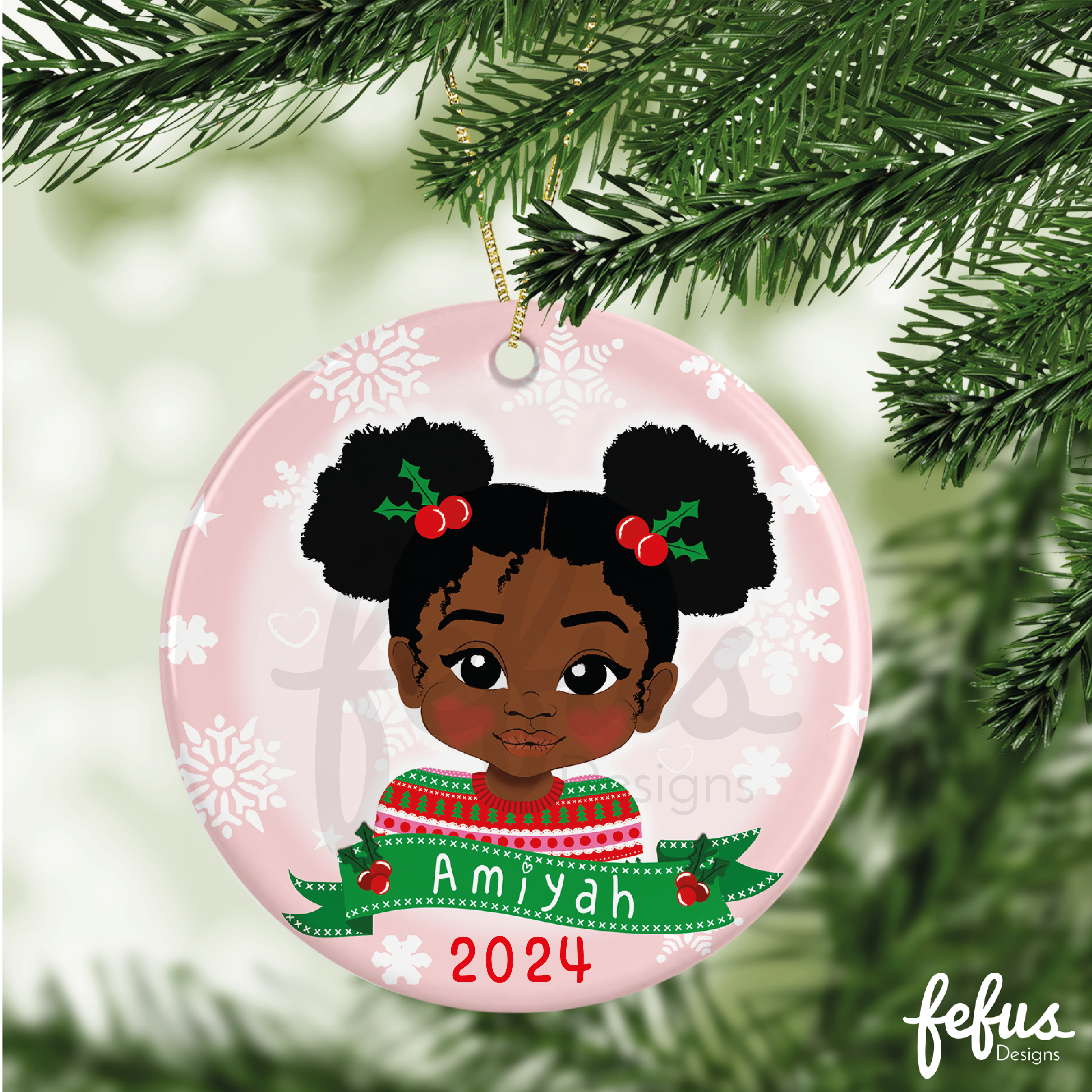 Personalised Black Girl Christmas Bauble | Fefus Designs