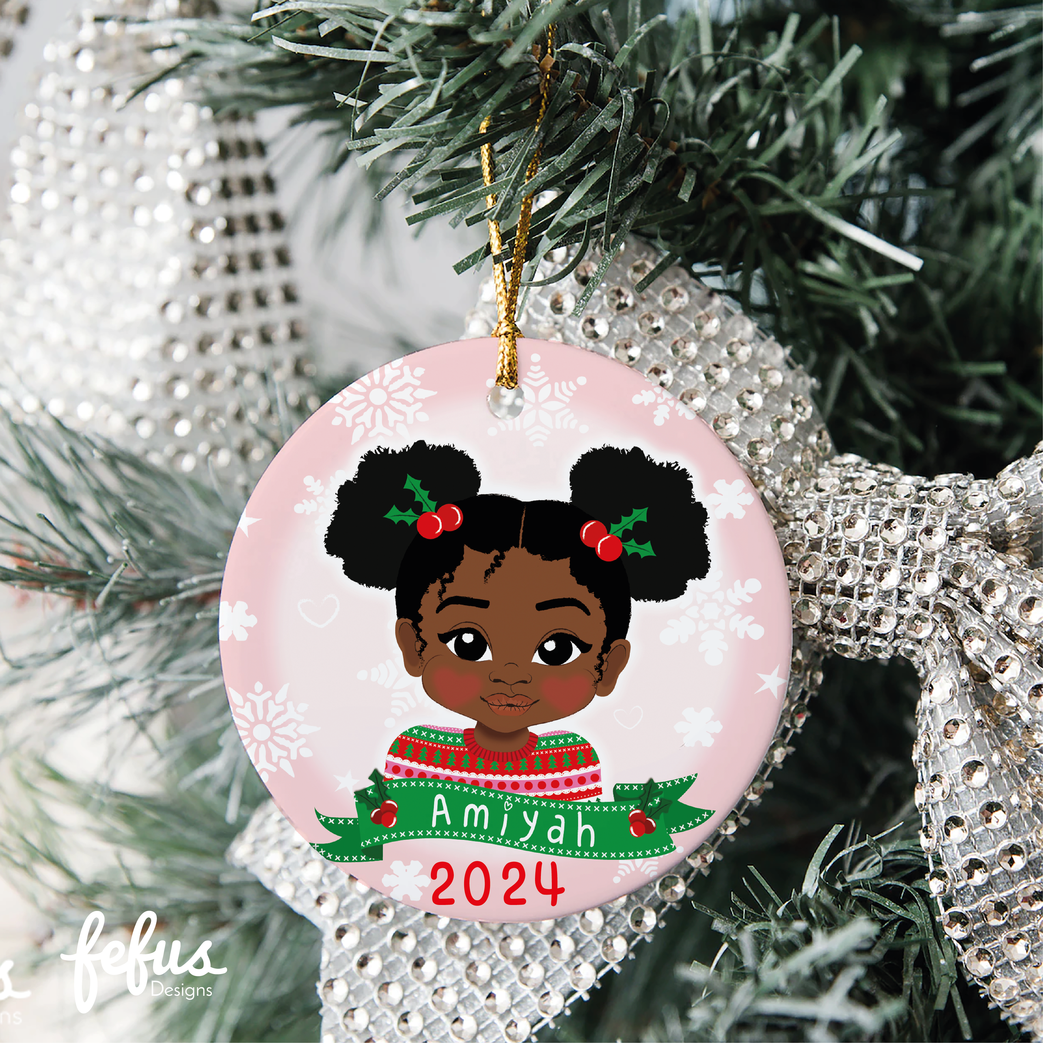 Personalised Black Girl Christmas Bauble | Fefus Designs