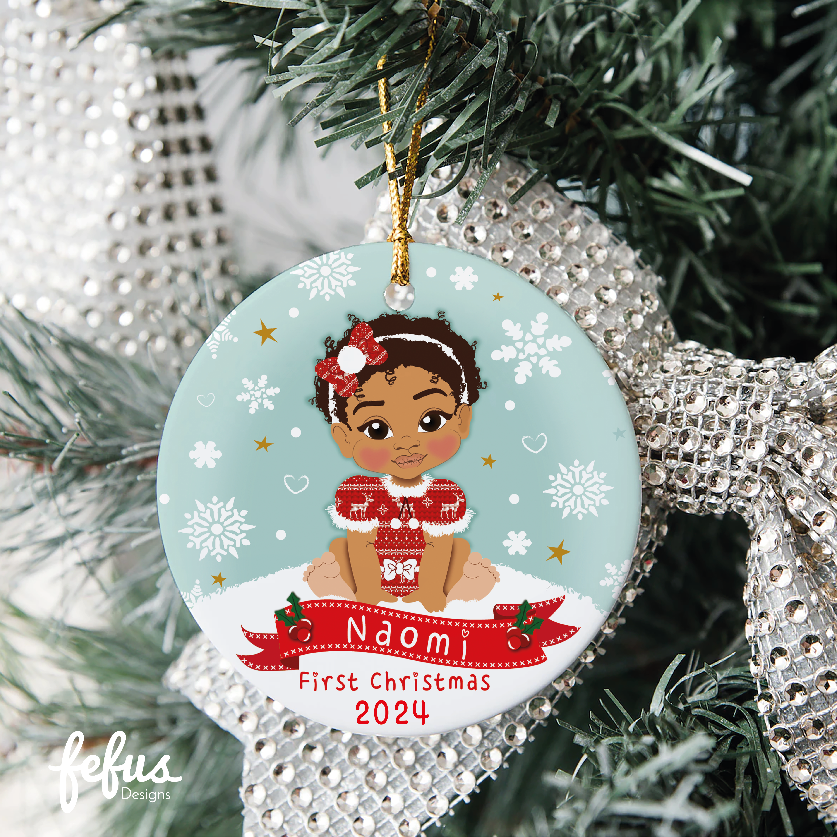 Personalised Brown Baby Girls 1st Christmas Bauble | Fefus Designs