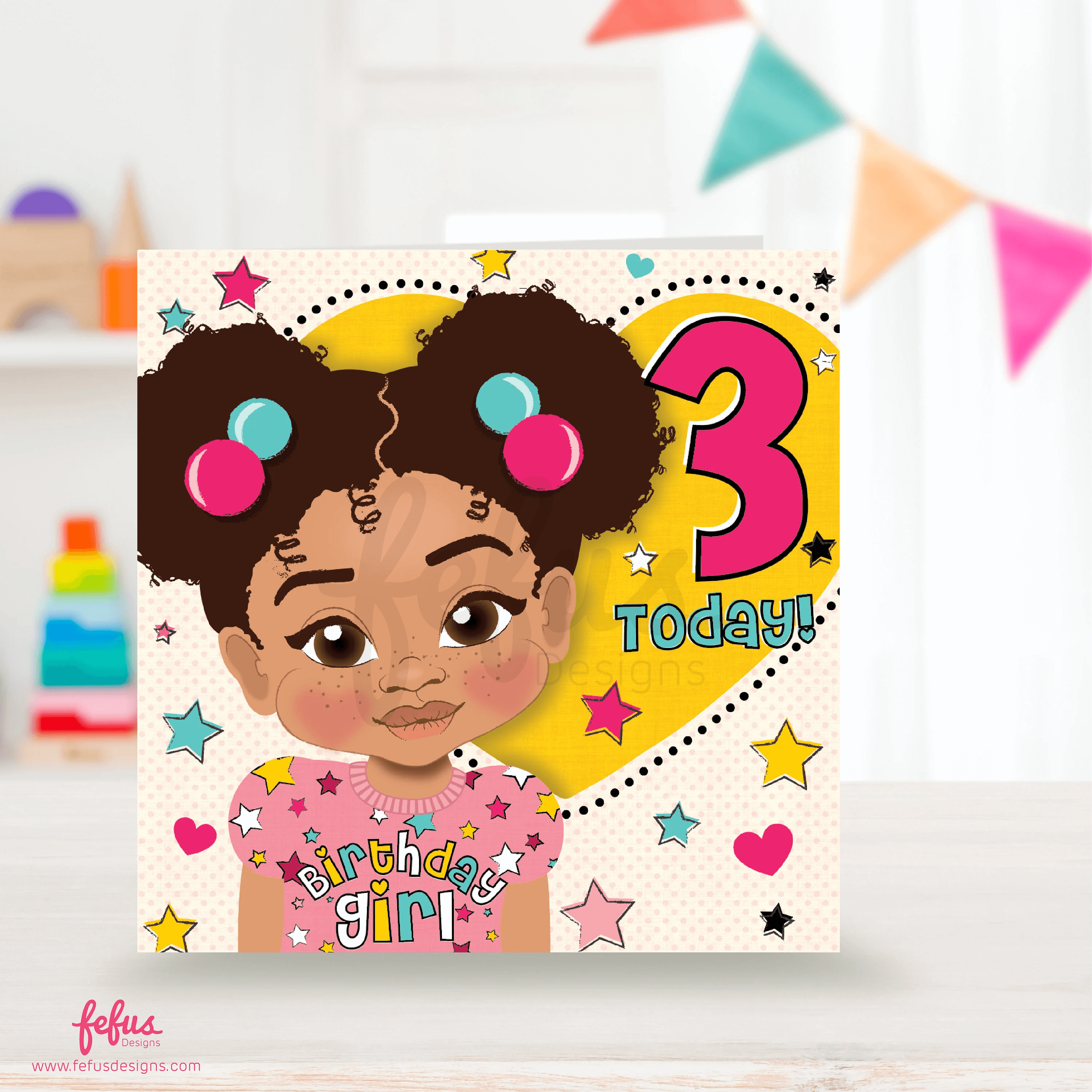 Biracial girl with two afro puffs, hair bubbles in pink and blue, wearing a light pink top with star pattern, 'Birthday Girl' in multicoloured letters. Background features a yellow heart with a pink '3', blue 'Today' text, and colourful stars. Celebrate with Fefus Designs' Biracial Girl's 3rd Birthday Card for empowering multicultural kids.