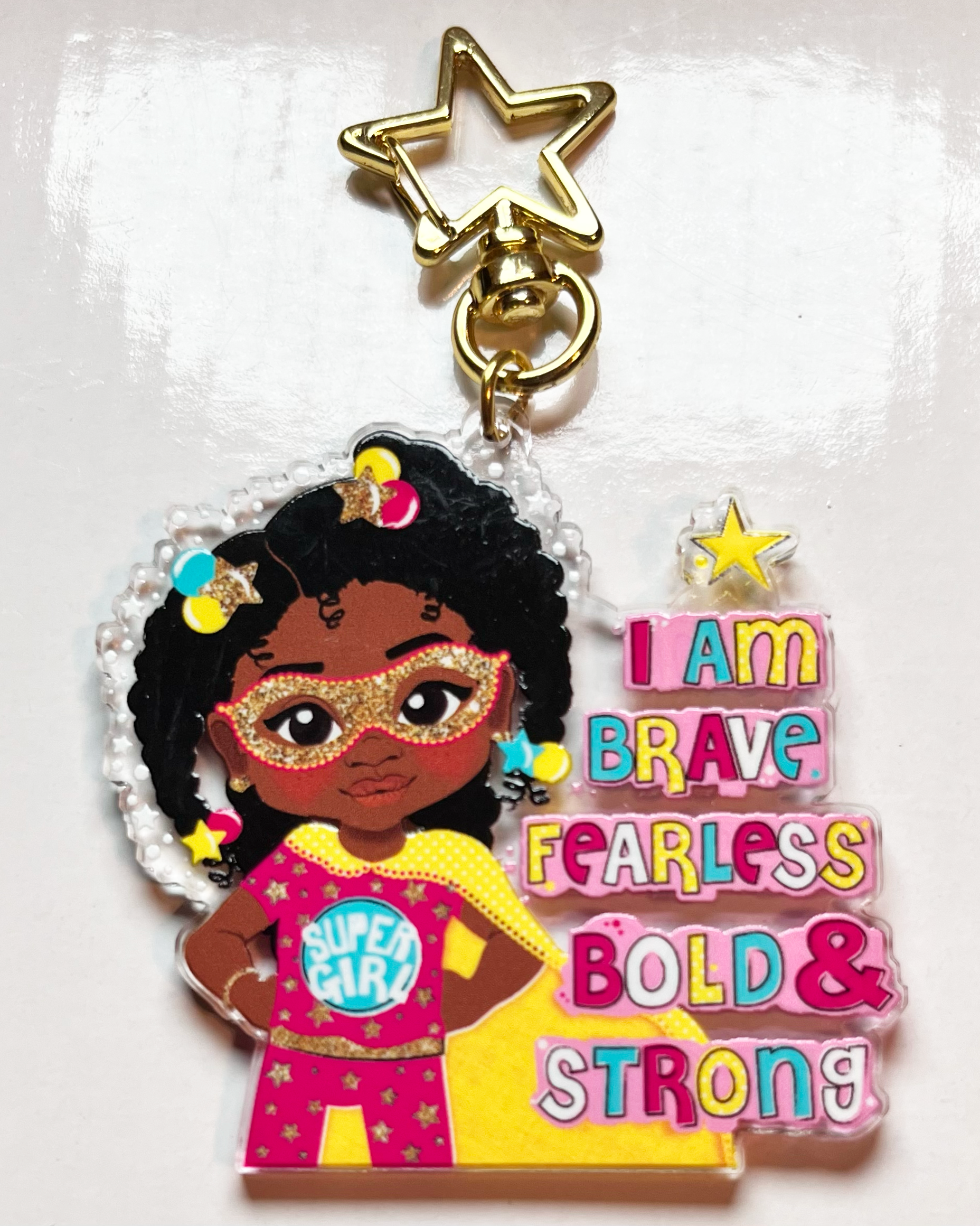 Black Girl Superhero Keyring – Empowering Recycled Acrylic Bag Charm for Kids | Afro Girl Keychain by Fefus Designs