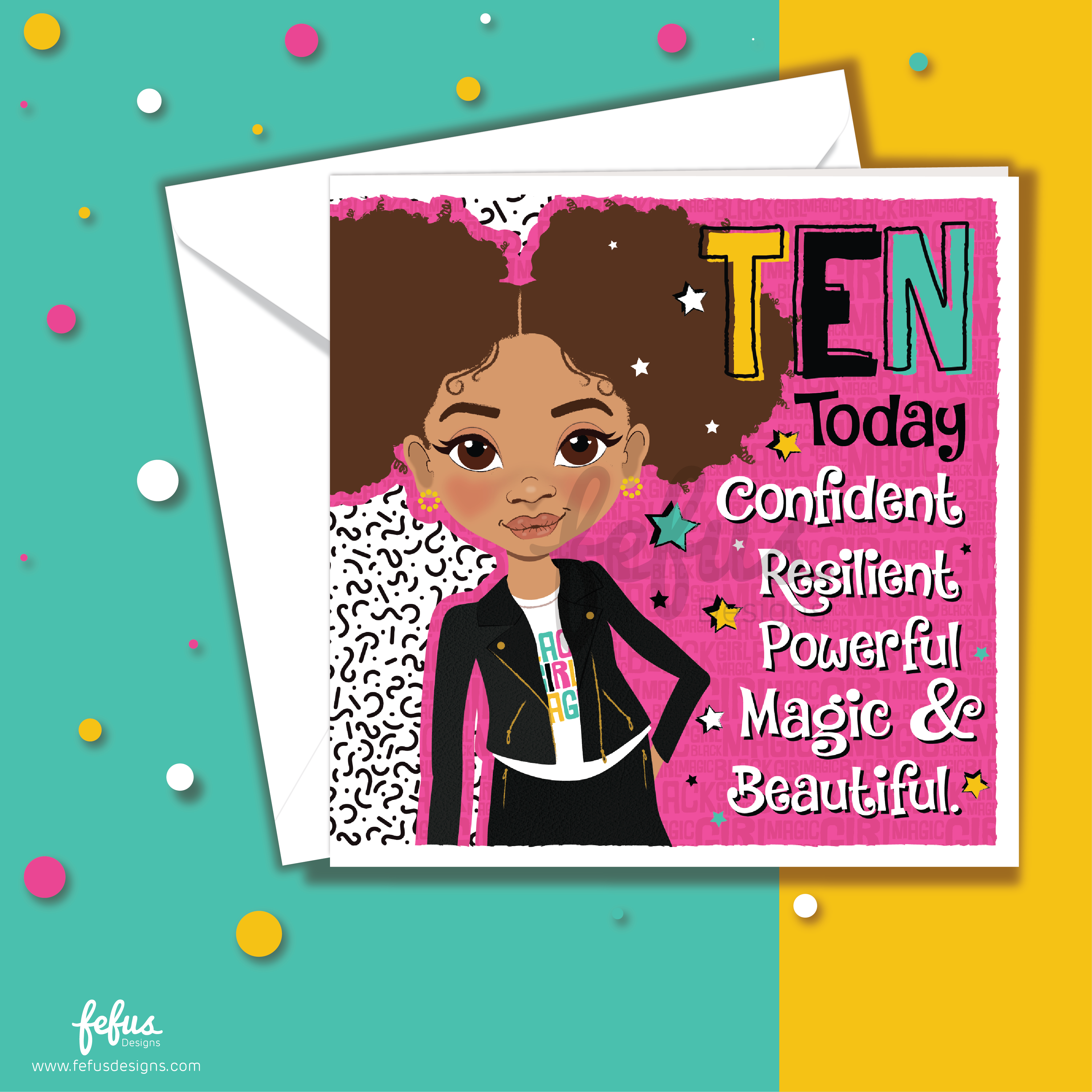 Mixed Race Girl 10th Birthday Card – Ten Today Affirmation | Fefus Designs