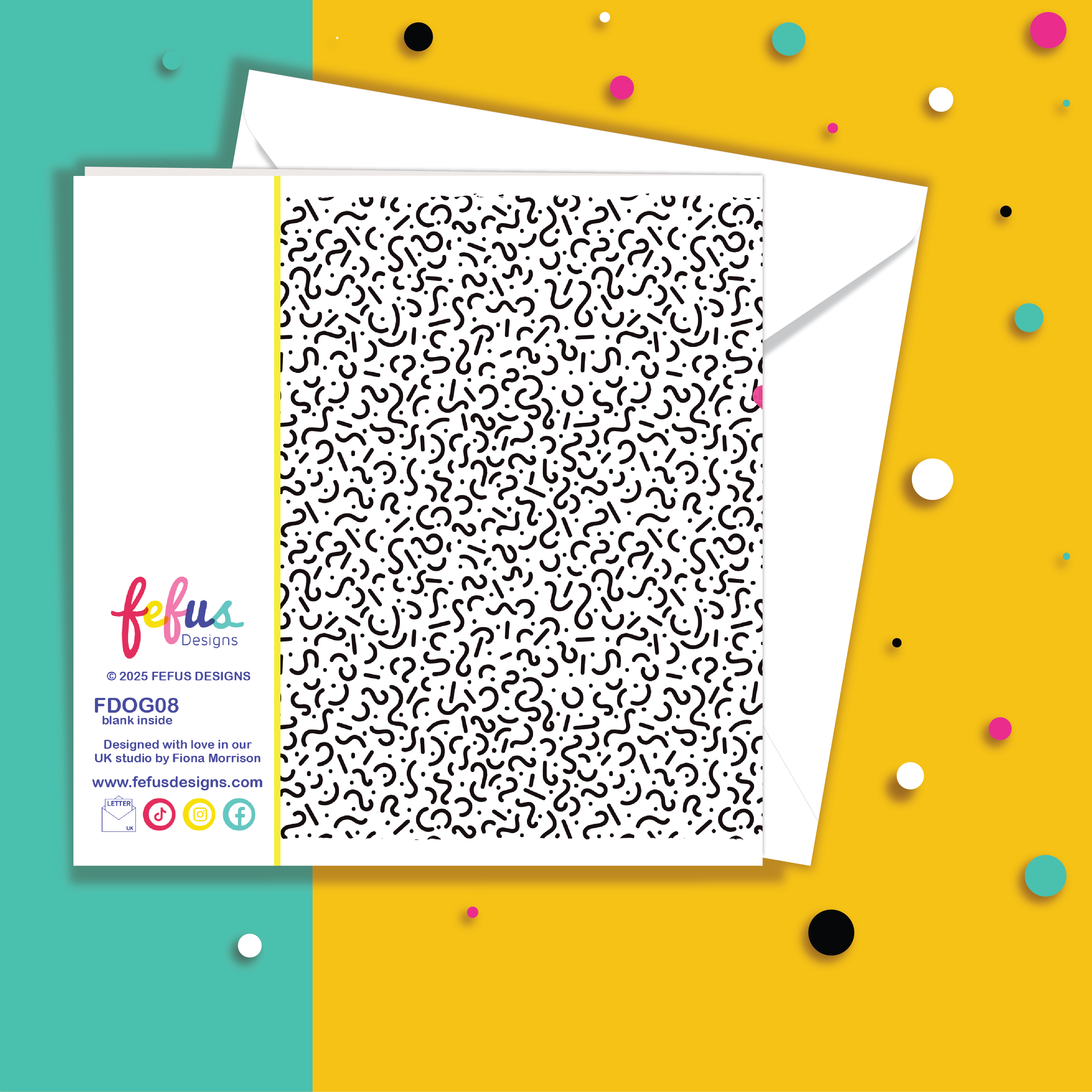 Fefus Designs empowering birthday card back. Patterned card with envelope on a colourful background