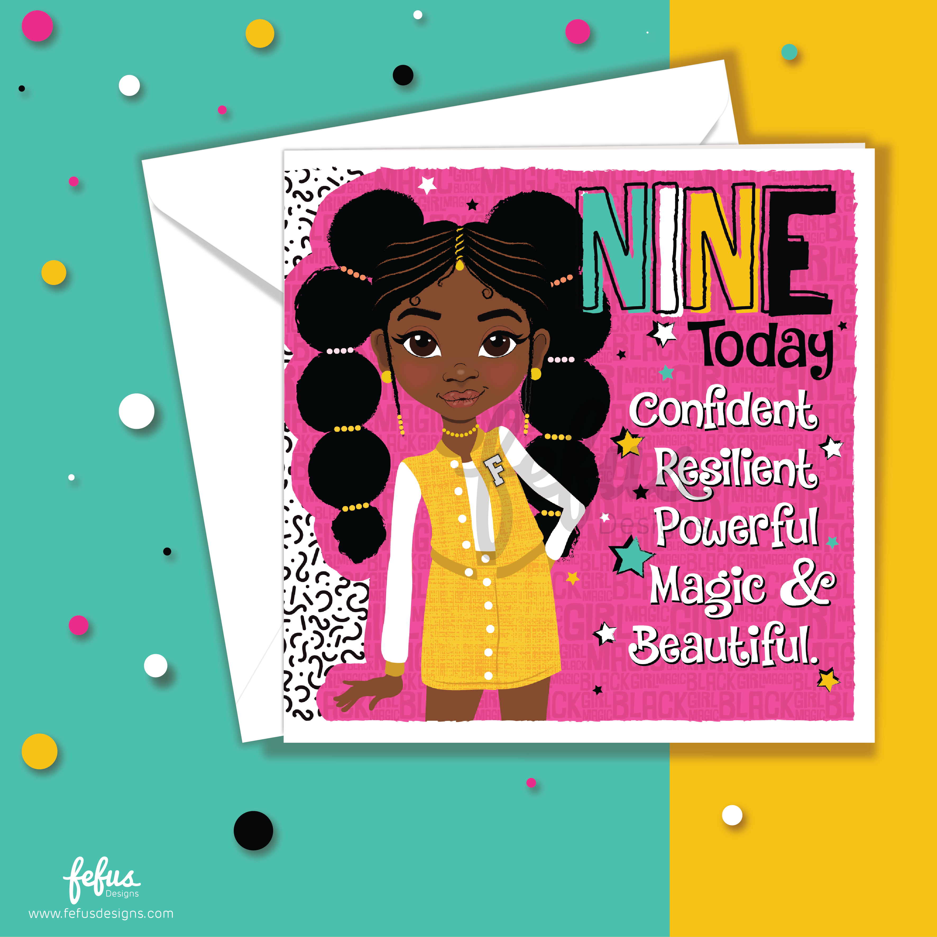Black Girl 9th Birthday Card – Afro Pigtails Affirmation | Fefus Designs