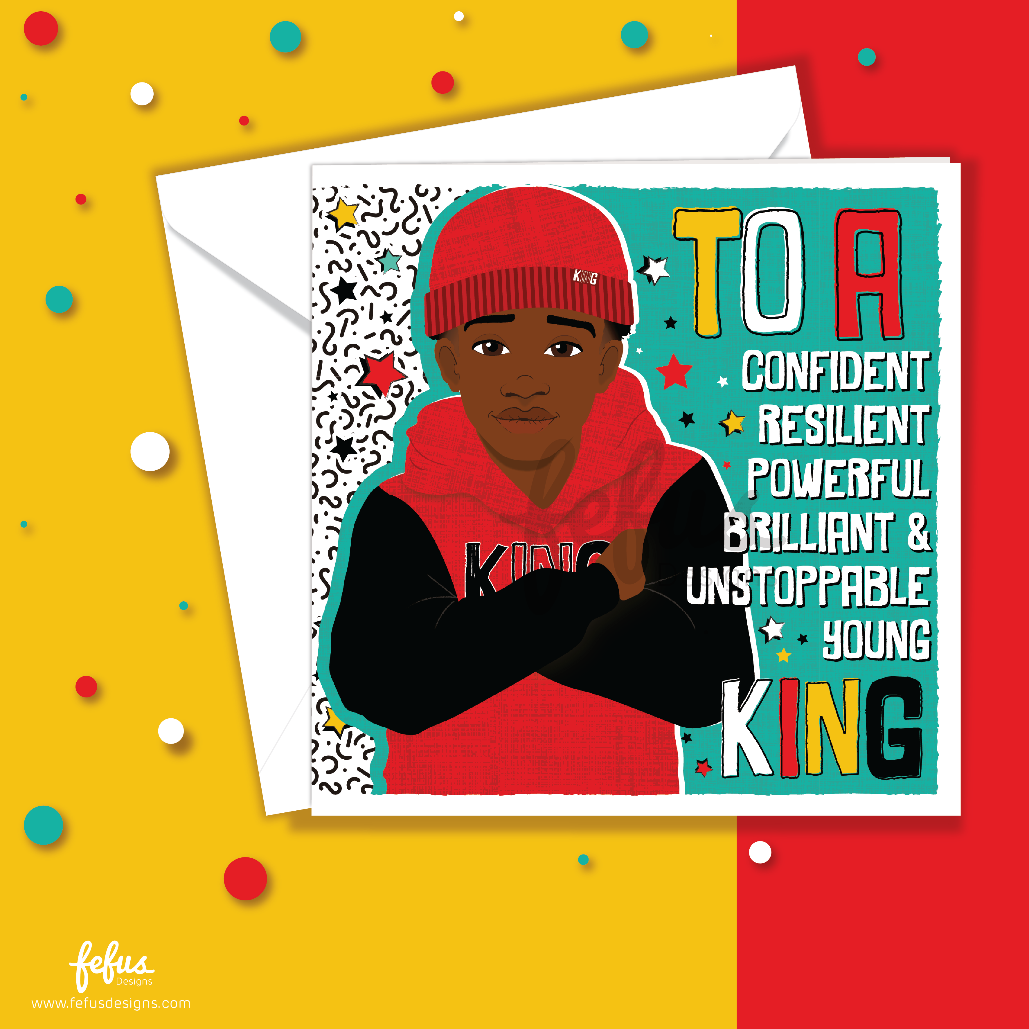 Empowering birthday card for Black boys featuring a boy in a red jumper and knitted hat with natural hair.. Card with a young black boy, tween/ teenager in a red hoodie and red beanie on a colourful background. Close-up illustration of Black boy with natural hair and winter outfit – empowering boys greeting card