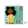 Empowering birthday card for Black girls featuring a girl with space buns and a yellow varsity outfit. Greeting card with a young girl in a yellow dress and text、Black girl with space buns in yellow varsity outfit – Radiant Queen affirmation birthday card by Fefus Designs