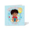 A vibrant square sky blue birthday card featuring a hand-drawn illustration of a mixed-heritage Blasian child with curly hair and denim dungarees. art of the Heritage Hero Collection by Fefus Designs.