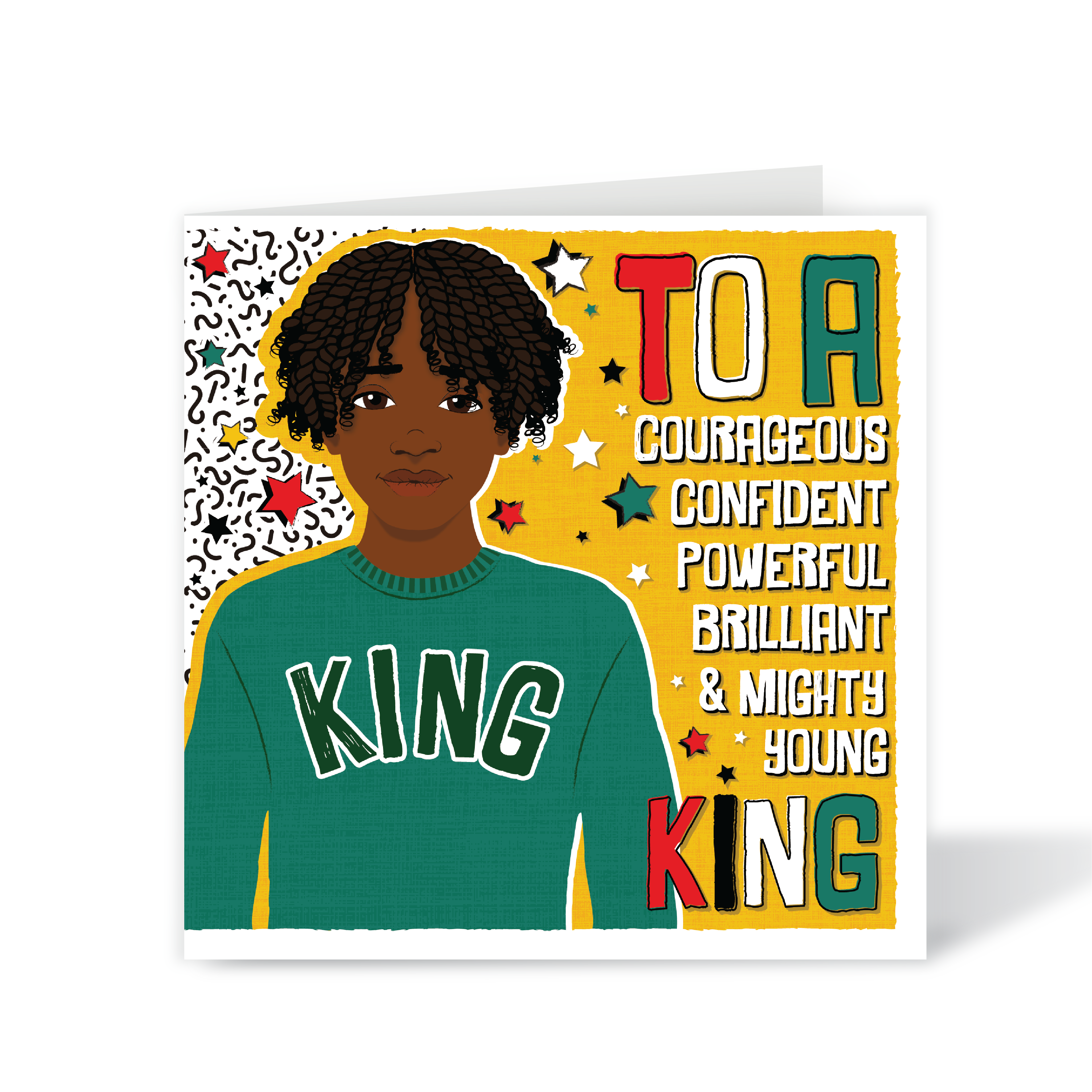 Empowering birthday card for Black boys featuring a boy with Afro twists and a baseball shirt..Greeting card with a person wearing a green sweater with 'KING' text on a colourful background. Black boy with Afro twists hairstyle. Wearing green  jumper  with KING on the front – Awesome King affirmation birthday card by Fefus Designs