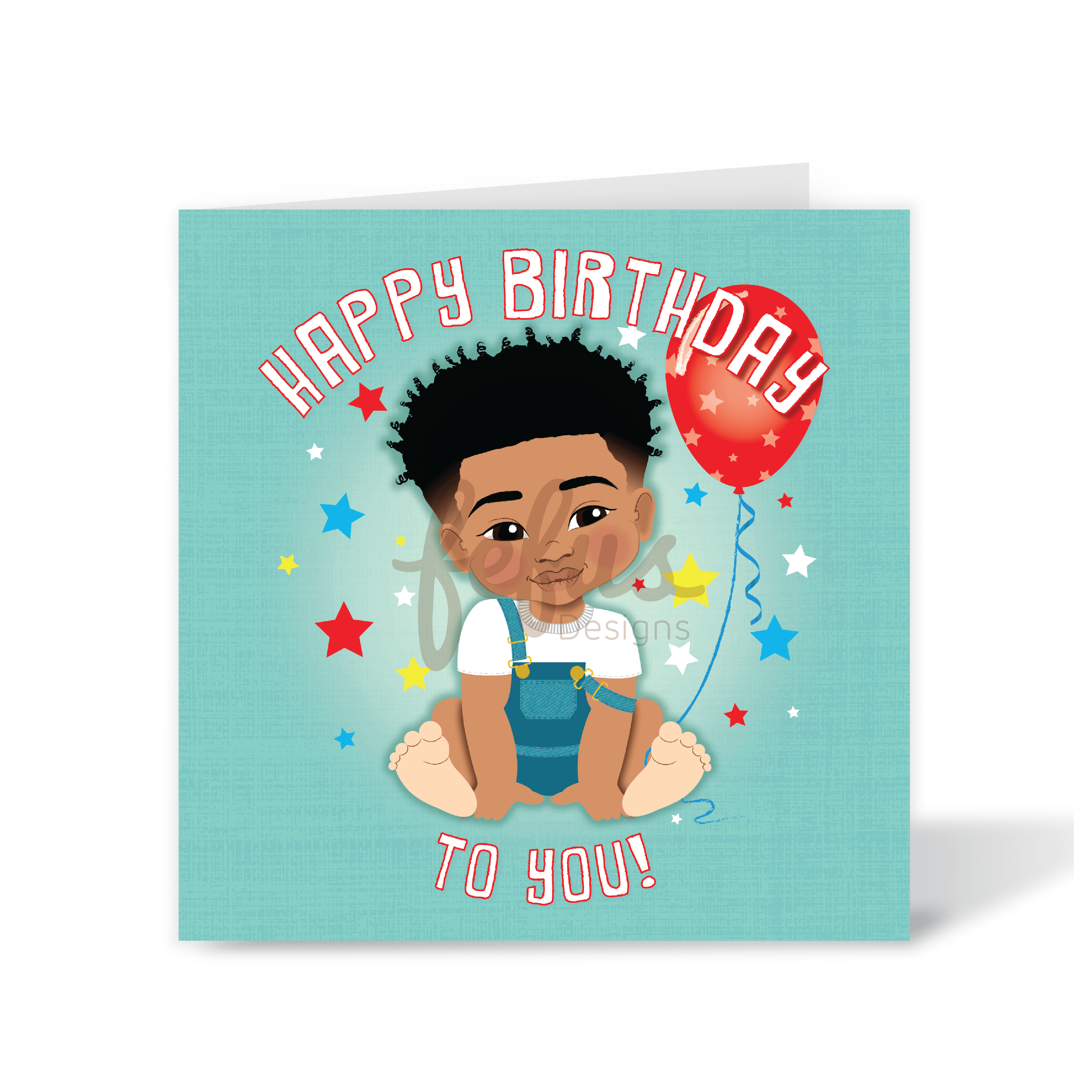 A vibrant square birthday card featuring a hand-drawn illustration of a mixed-heritage Blasian baby holding a balloon with stars in the background, part of the Heritage Hero Collection by Fefus Designs.