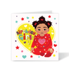 A vibrant square 1st birthday card featuring a hand-drawn illustration of a Blasian baby girl in a red bodysuit with cheese bumps and bows, part of the Heritage Hero Collection by Fefus Designs.