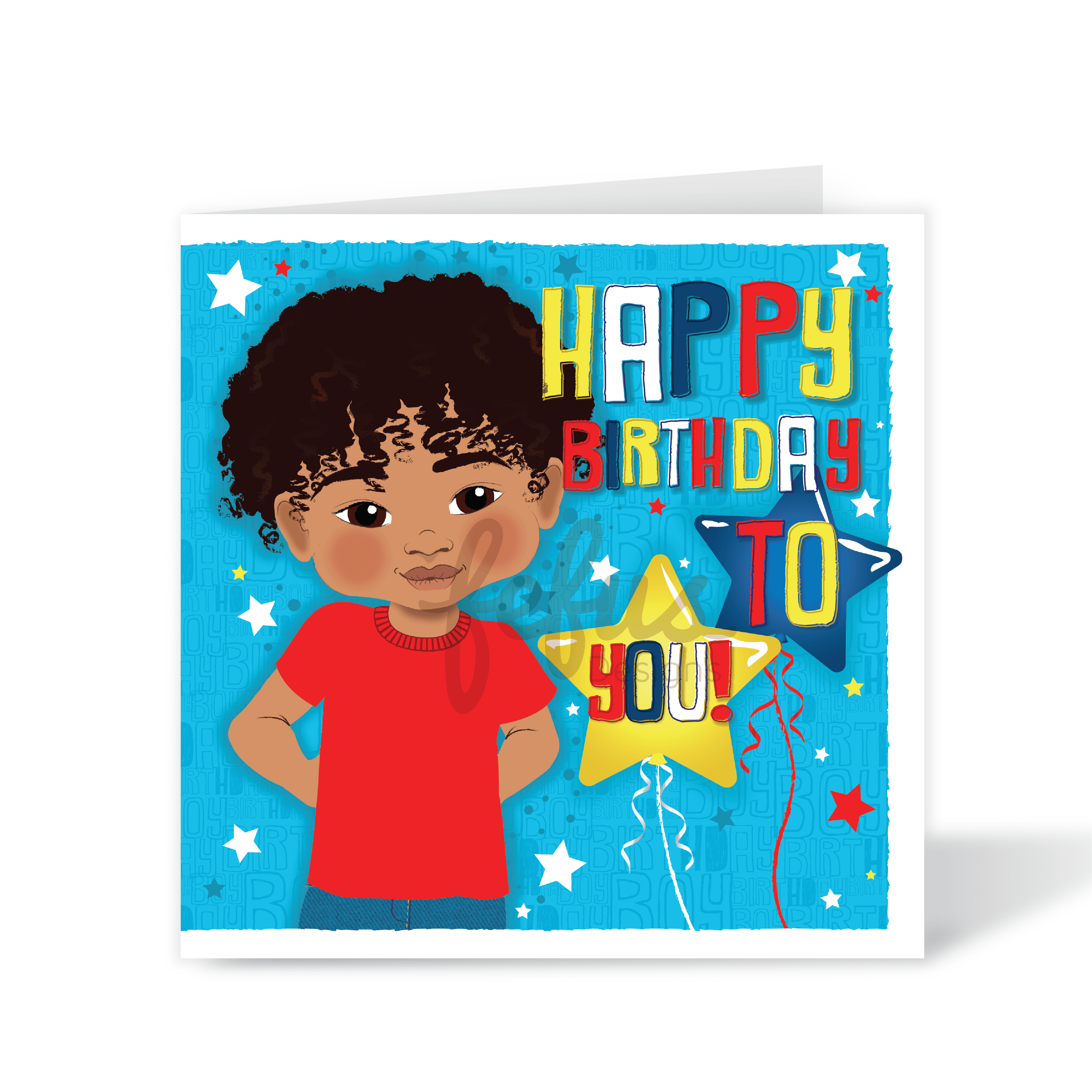 A vibrant square birthday card for a Blasian boy, featuring a hand-drawn illustration of a joyful child in a red top with the text "HAPPY BIRTHDAY TO YOU!" and white stars, part of the Heritage Hero Collection by Fefus Designs.