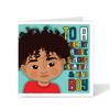 A vibrant blue square birthday card for boys, featuring a hand-drawn illustration of a joyful Blasian boy with the text "To a SMART BRAVE CREATIVE & KIND BOY," part of the Heritage Hero Collection by Fefus Designs.