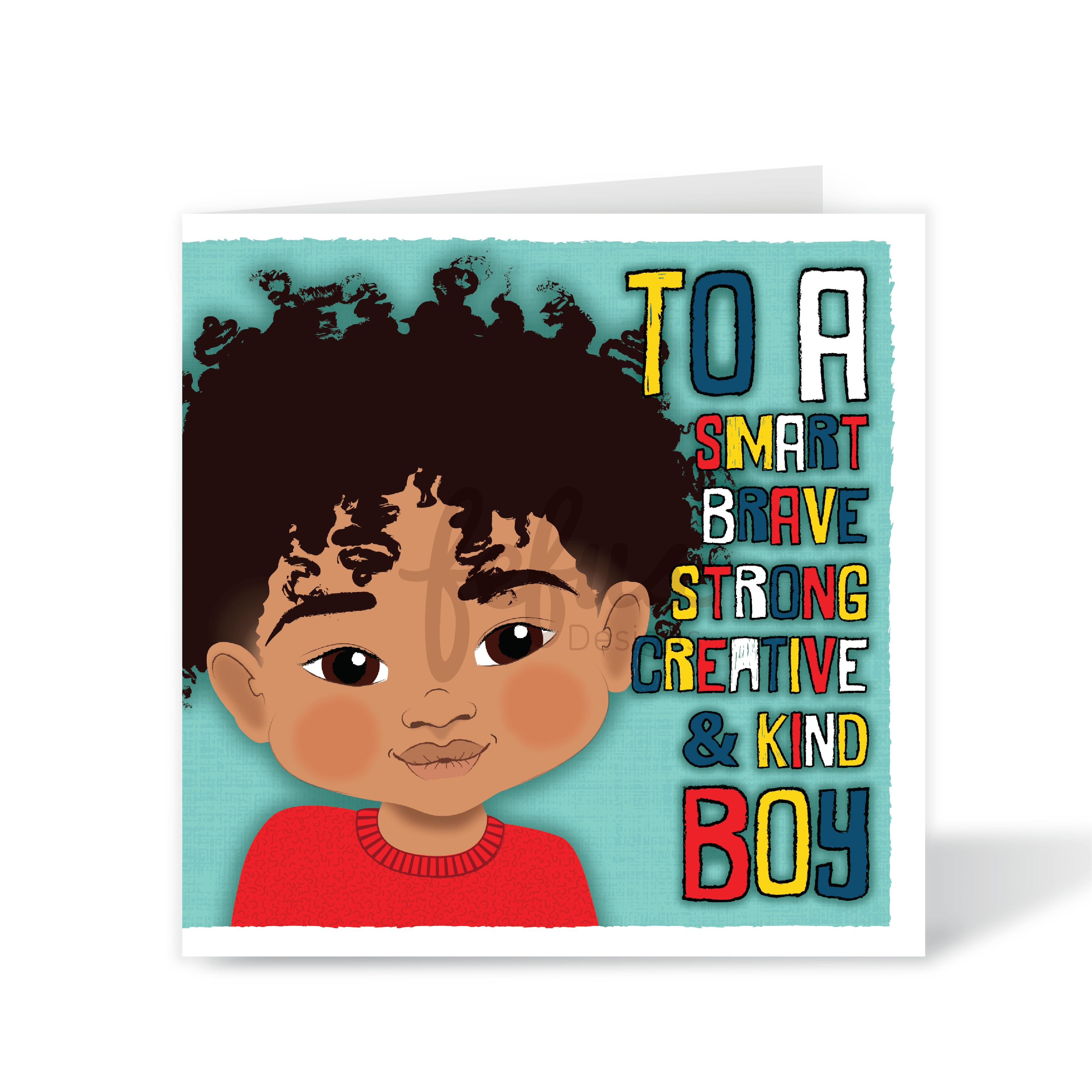 A vibrant blue square birthday card for boys, featuring a hand-drawn illustration of a joyful Blasian boy with the text "To a SMART BRAVE CREATIVE & KIND BOY," part of the Heritage Hero Collection by Fefus Designs.