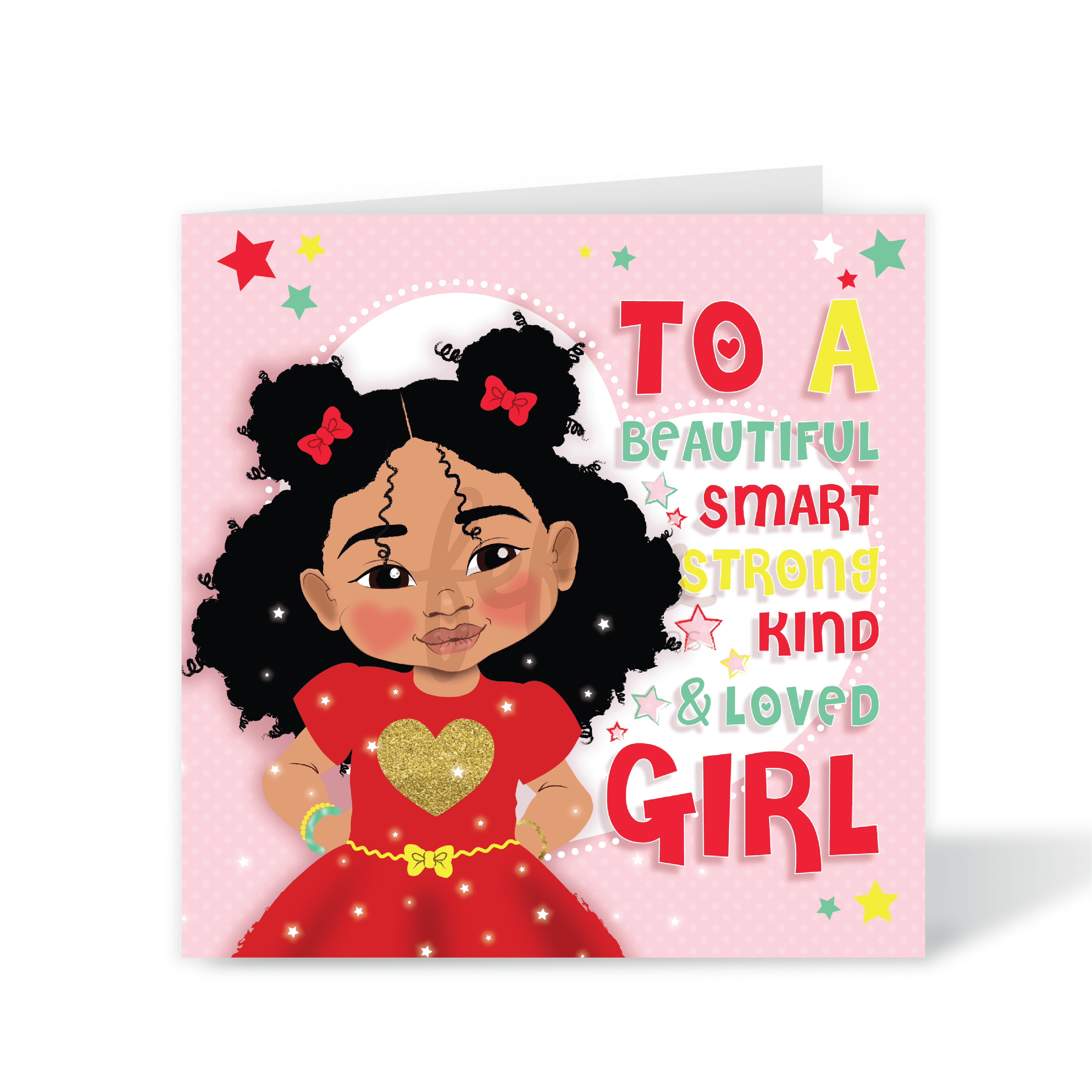 A colourful, square birthday card featuring a hand-drawn illustration of a young Blasian girl. The design includes vibrant text affirmations and the cover message "To A Beautiful....." set against a lively, artistic background.
