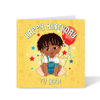 A vibrant square birthday card featuring a hand-drawn illustration of a mixed-heritage Blindian baby with curly hair holding a red balloon, part of the Heritage Hero Collection by Fefus Designs.