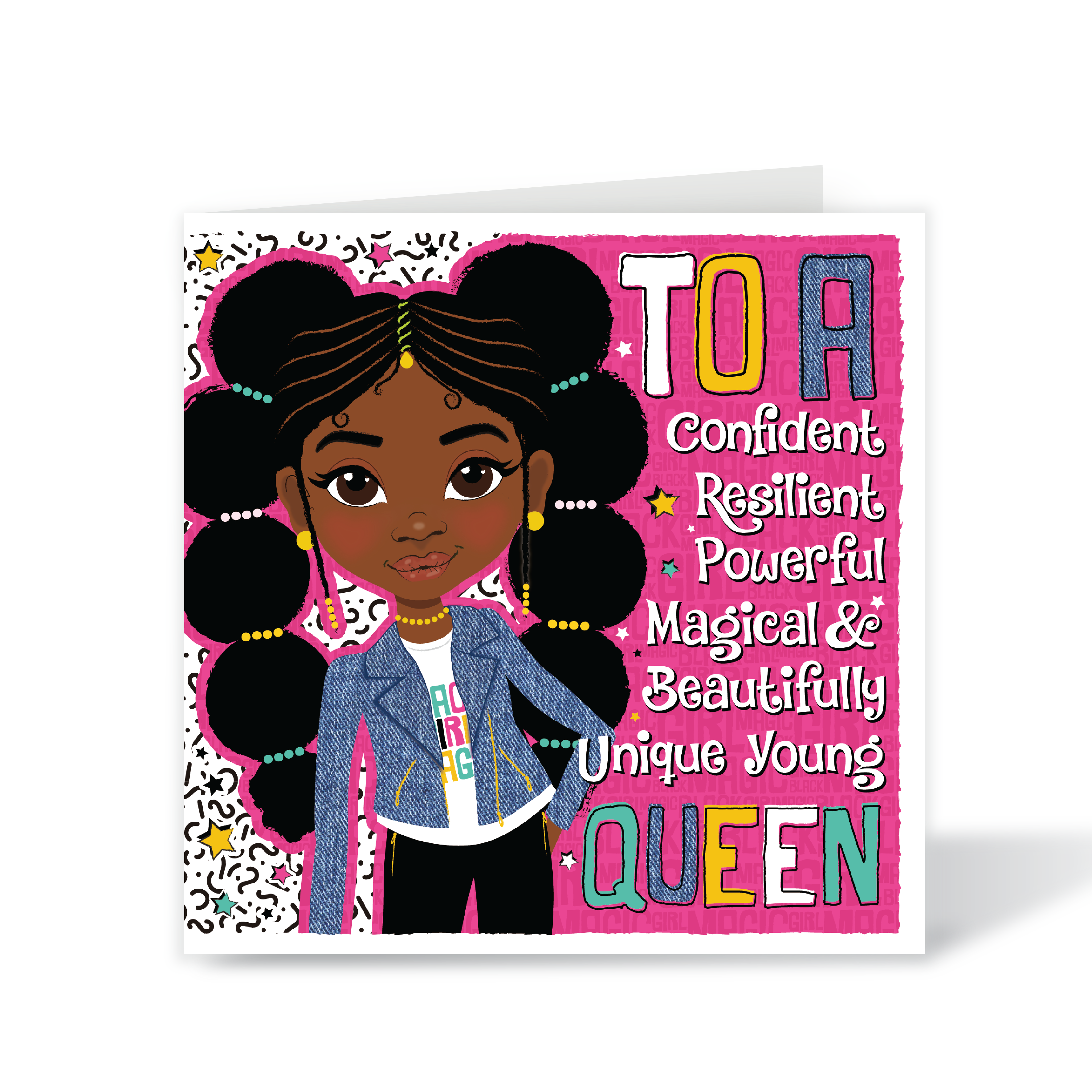 Empowering birthday card for Black girls featuring a girl with a beautiful Afro hairstyle. Greeting card with a colorful illustration of a young girl and empowering text on a pink background. Black girl with bubble pigtails in denim jacket – Magical Queen affirmation birthday card by Fefus Designs