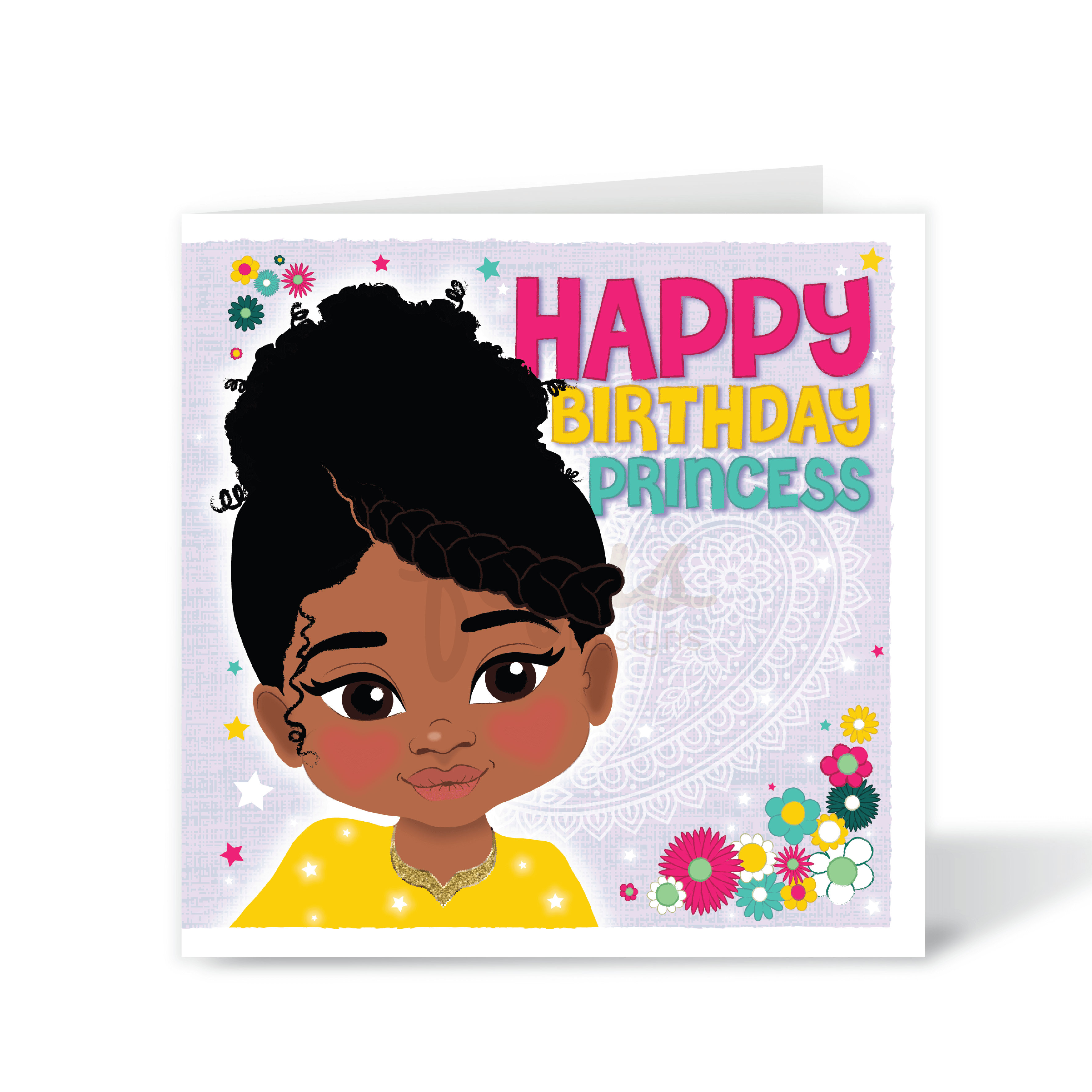 A colourful, square birthday card featuring a hand-drawn illustration of a confident young Blindian (Black and Asian) girl. The design includes vibrant decorative elements and the cover text: "Happy Birthday Princess".