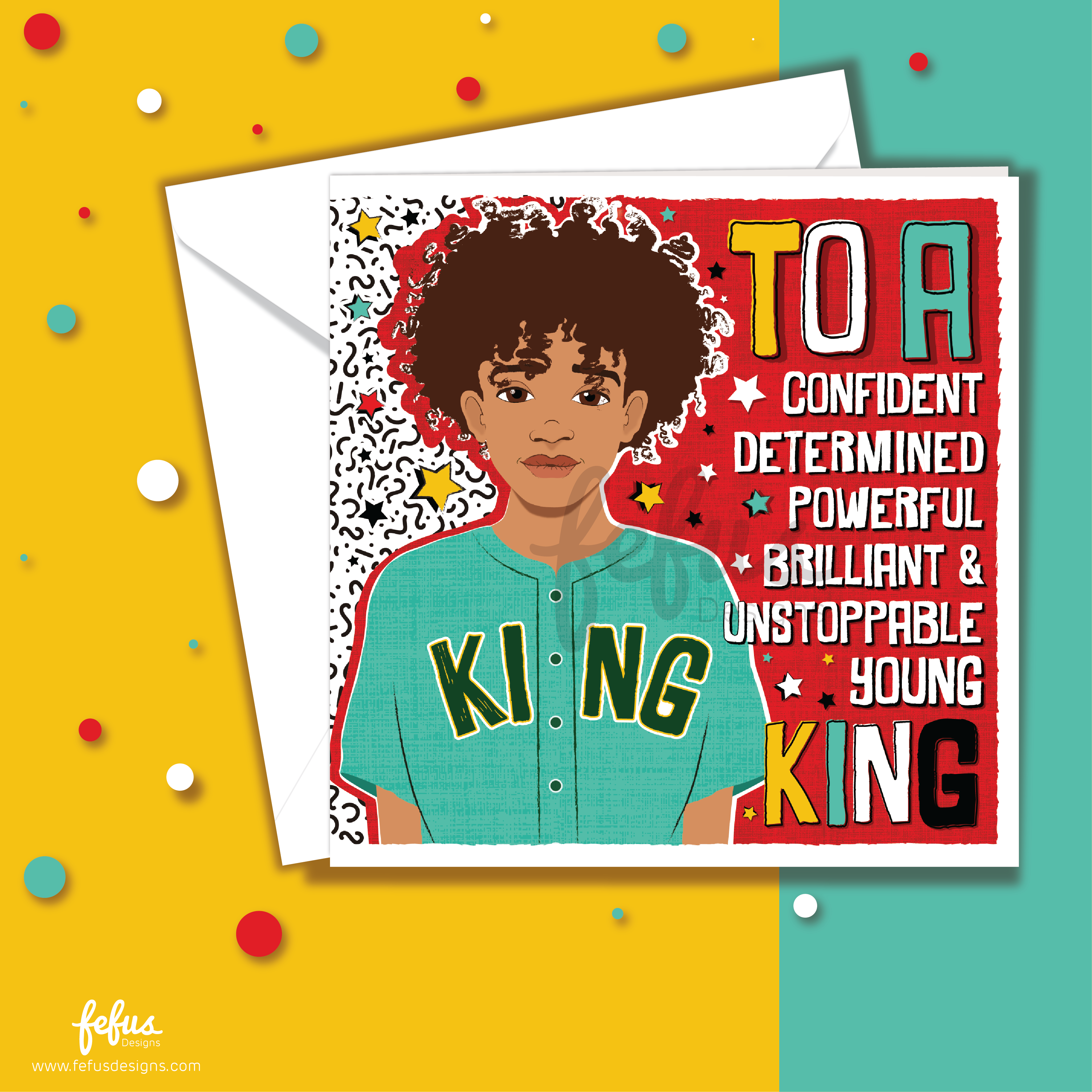 mixed-race-boy-curly-hair-affirmation-birthday-card. Card with a young boy's illustration and motivational text on a colourful background. Close-up illustration of curly hair and KING slogan baseball shirt – empowering boys greeting card