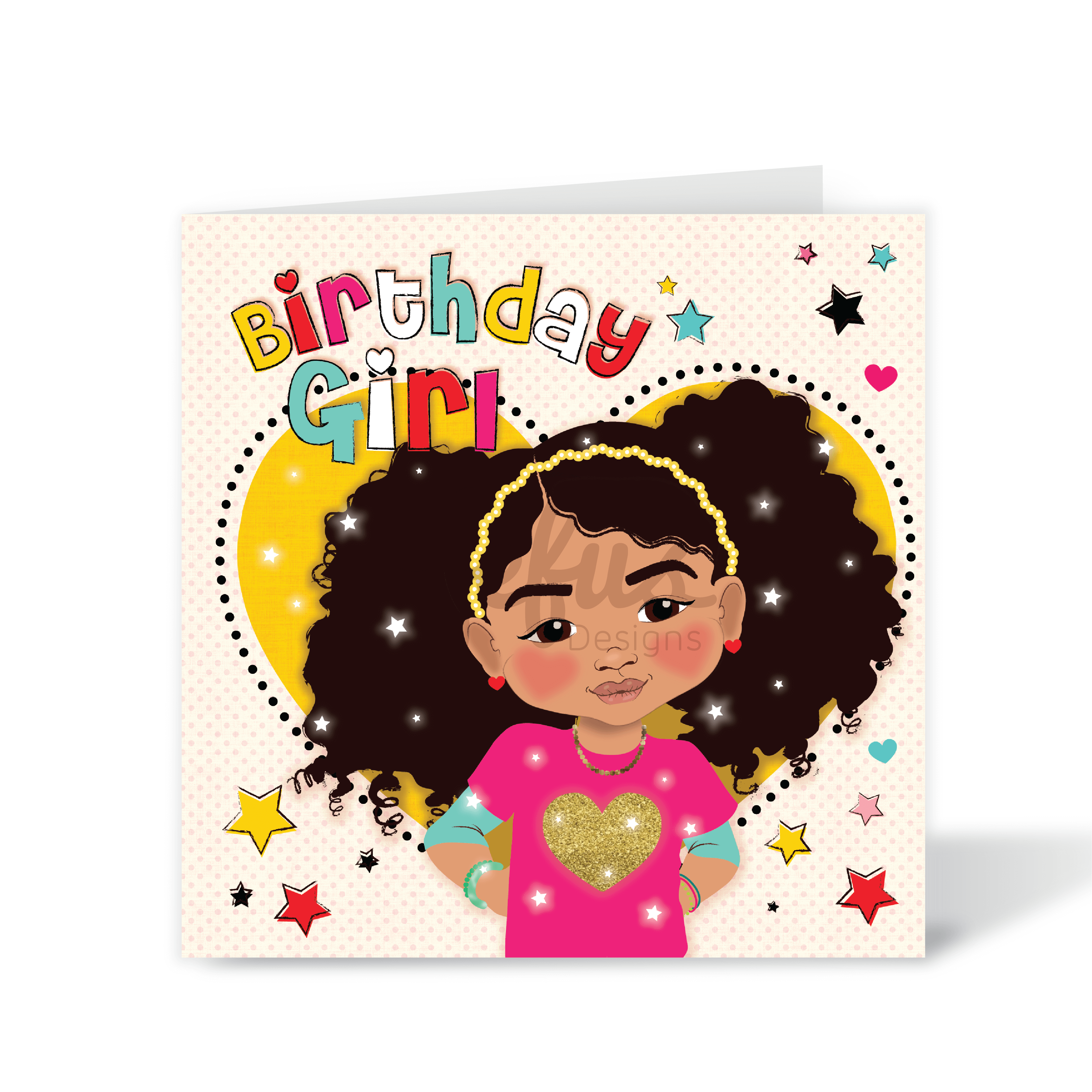 A vibrant, square birthday card featuring a hand-drawn illustration of a young Blasian girl, designed to celebrate mixed heritage. The card features the bold cover text "Birthday Girl" surrounded by joyful, colourful elements.