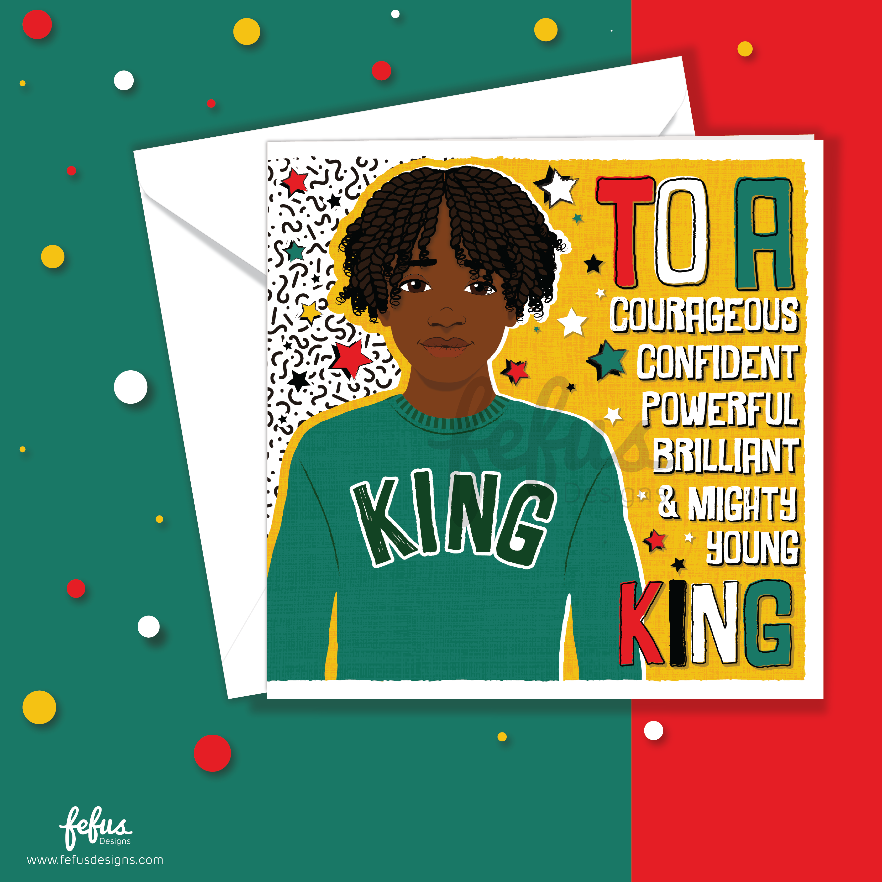Greeting card with a young man wearing a 'KING' sweater on a colourful background. Close-up illustration of Afro twists hairstyle and baseball outfit – empowering boys greeting card