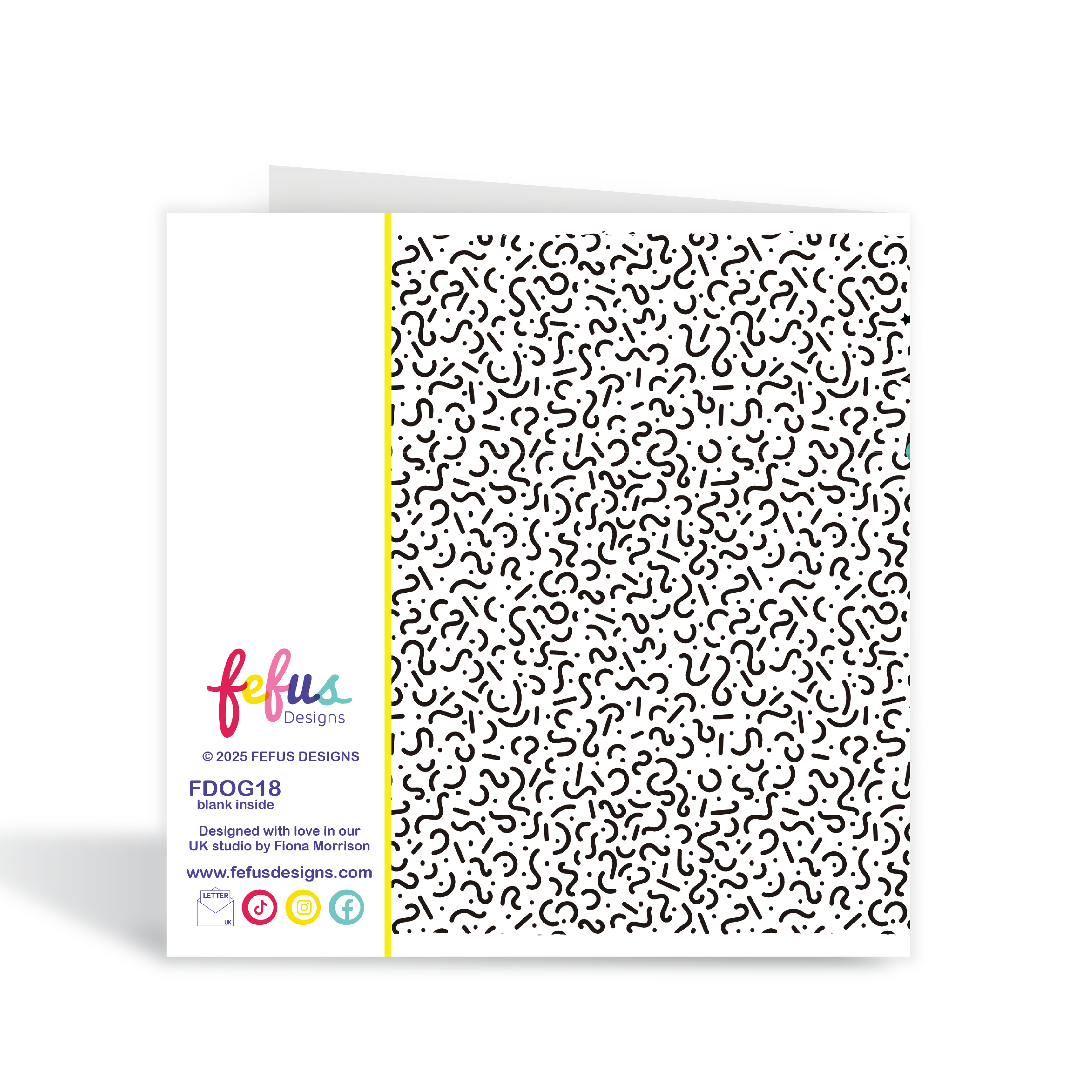Greeting card with black and white pattern and colourful branding on a white background.Square greeting card with envelope – Radiant Queen Afro hair birthday card