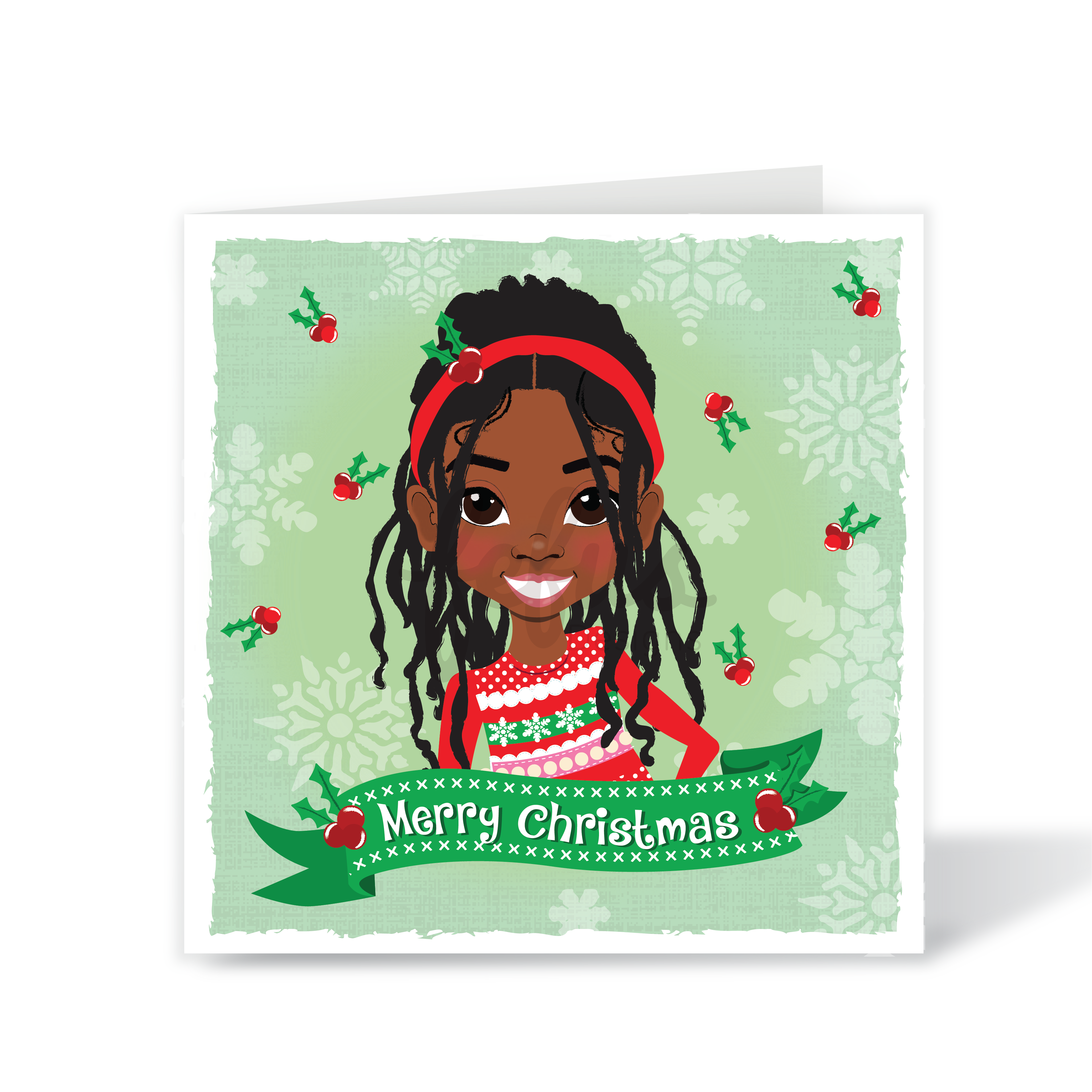 Christmas card featuring a Rastafarian Black girl with locs on a sage green background with festive holly decorations.