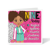 Mixed race girl 9th birthday card with Afro puffs and pink background. Card with a girl illustration and text celebrating a 9-year-old's birthday with a range of affirmations in white writing on a pink background.
